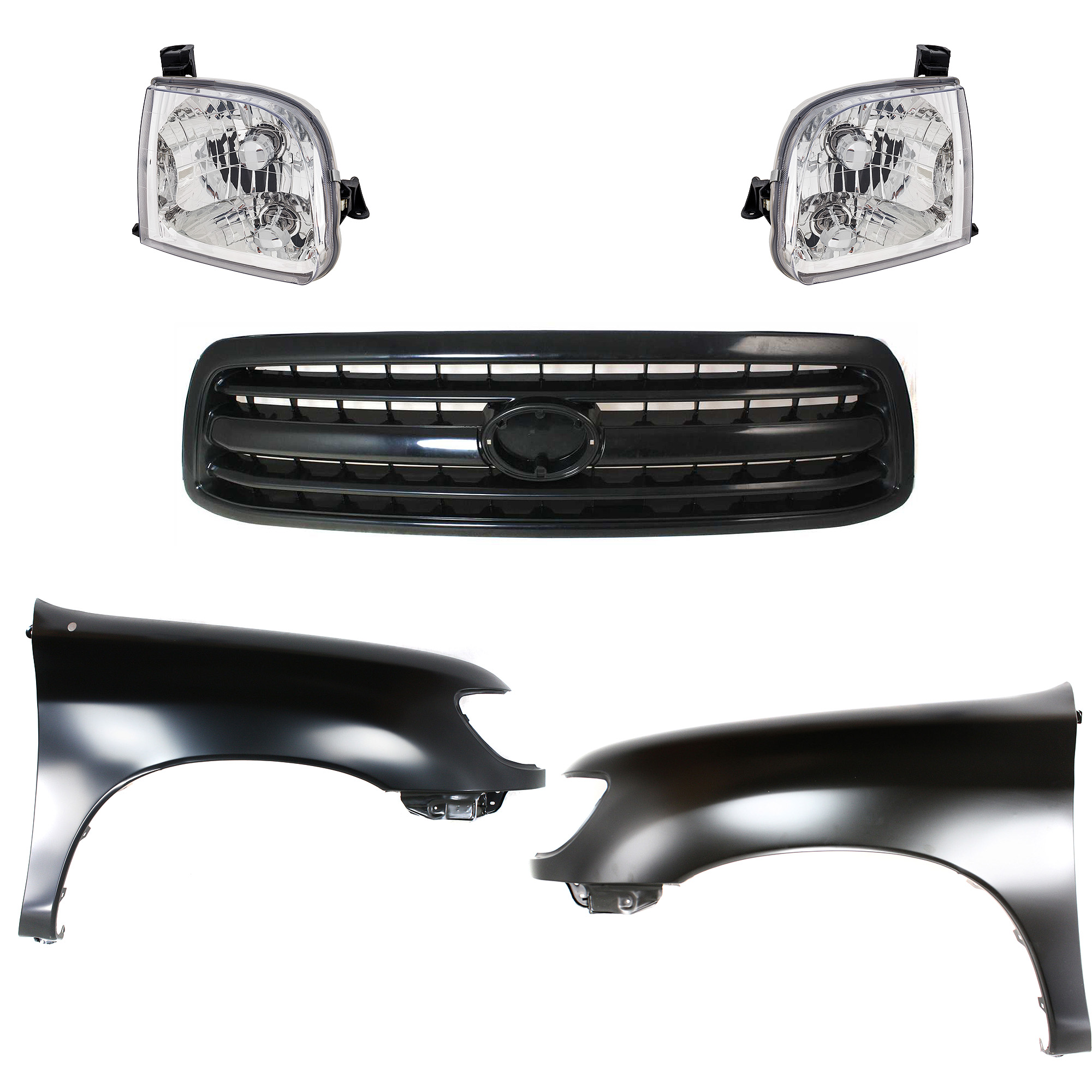 AM TUNDRA 00-02 FRONT FENDER RH AND LH Primed 5 pc Kit with Grille and Headlights SKU KIT 031323-344 Partslink TO1240177 TO1241177 TO1200224 TO1200226 TO2503129 TO2502129 OEM 538010C031-538020C031-531000C0
