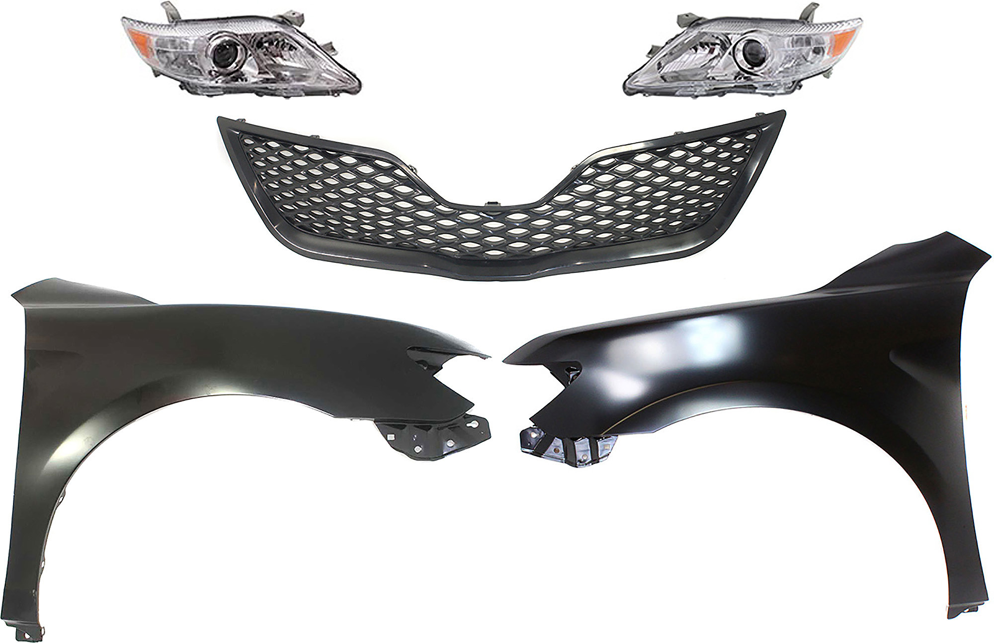 AM CAMRY 10-11 HEAD LAMP RH AND LH Lens and Housing Halogen 5 pc Kit with Fenders and Grille Assembly SKU KIT 031323-34 Partslink TO2519125 TO2518125 TO1240211 TO1241211 TO1200323 OEM 8113033700-8117033700-53802061