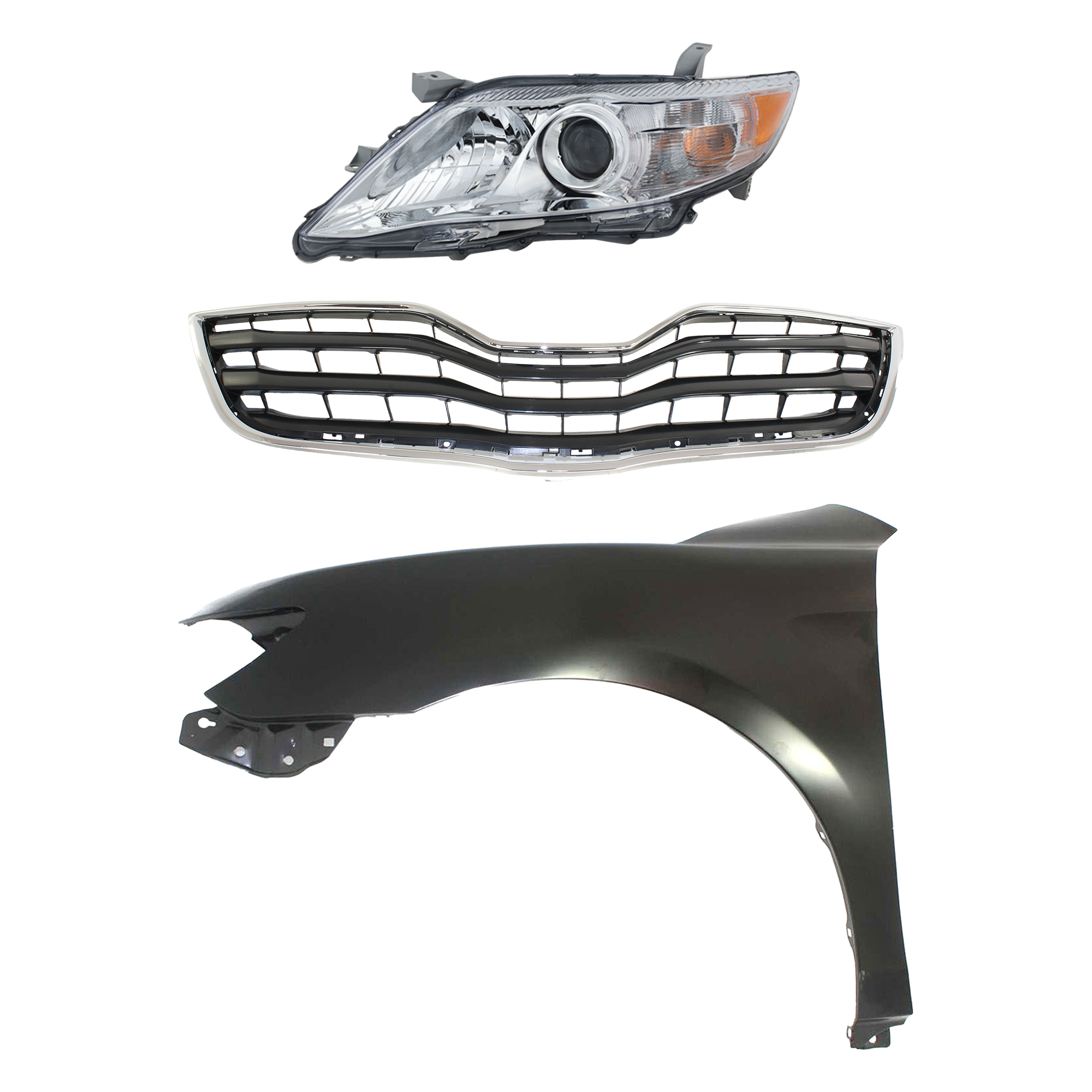 AM CAMRY 10-11 HEAD LAMP LH Assembly Halogen 3 pc Kit with Fender and Grille Assembly SKU KIT 031323-3502 Partslink TO2502191 TO1240211 TO1200324 OEM 8115006500-5380206120-53101060