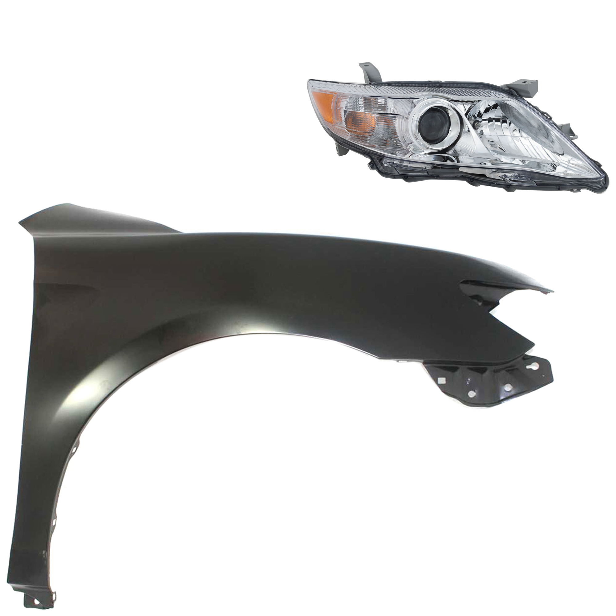 AM CAMRY 10-11 HEAD LAMP RH Assembly Halogen 2 pc Kit with Fender SKU KIT 031323-3504 Partslink TO2503191 TO1241211 OEM 8111006500-5380106110
