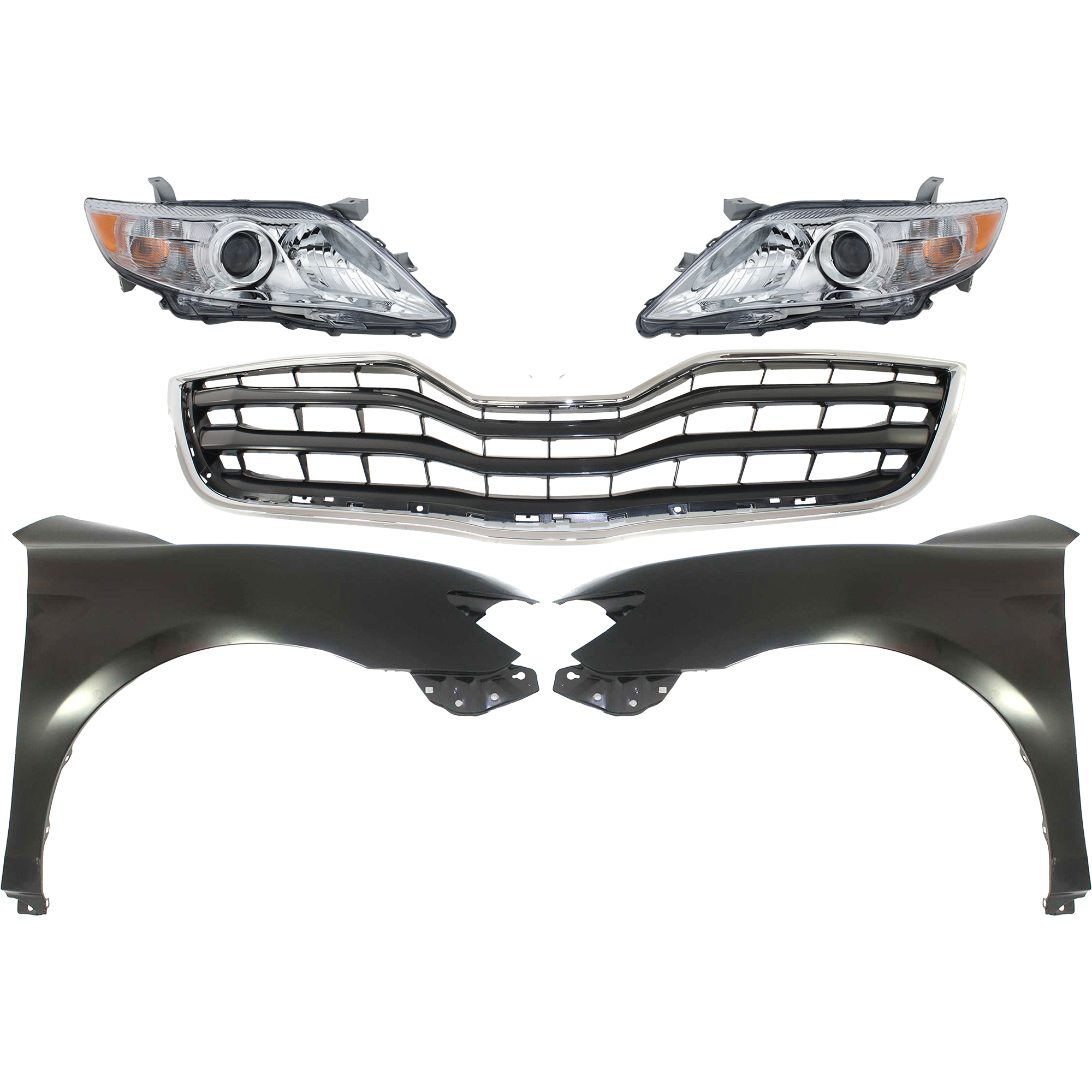 AM CAMRY 10-11 HEAD LAMP RH AND LH Assembly Halogen 5 pc Kit with Fenders and Grille Assembly SKU KIT 031323-35 Partslink TO2502191 TO2503191 TO1240211 TO1241211 TO1200324 OEM 8111006500-8115006500-53802061