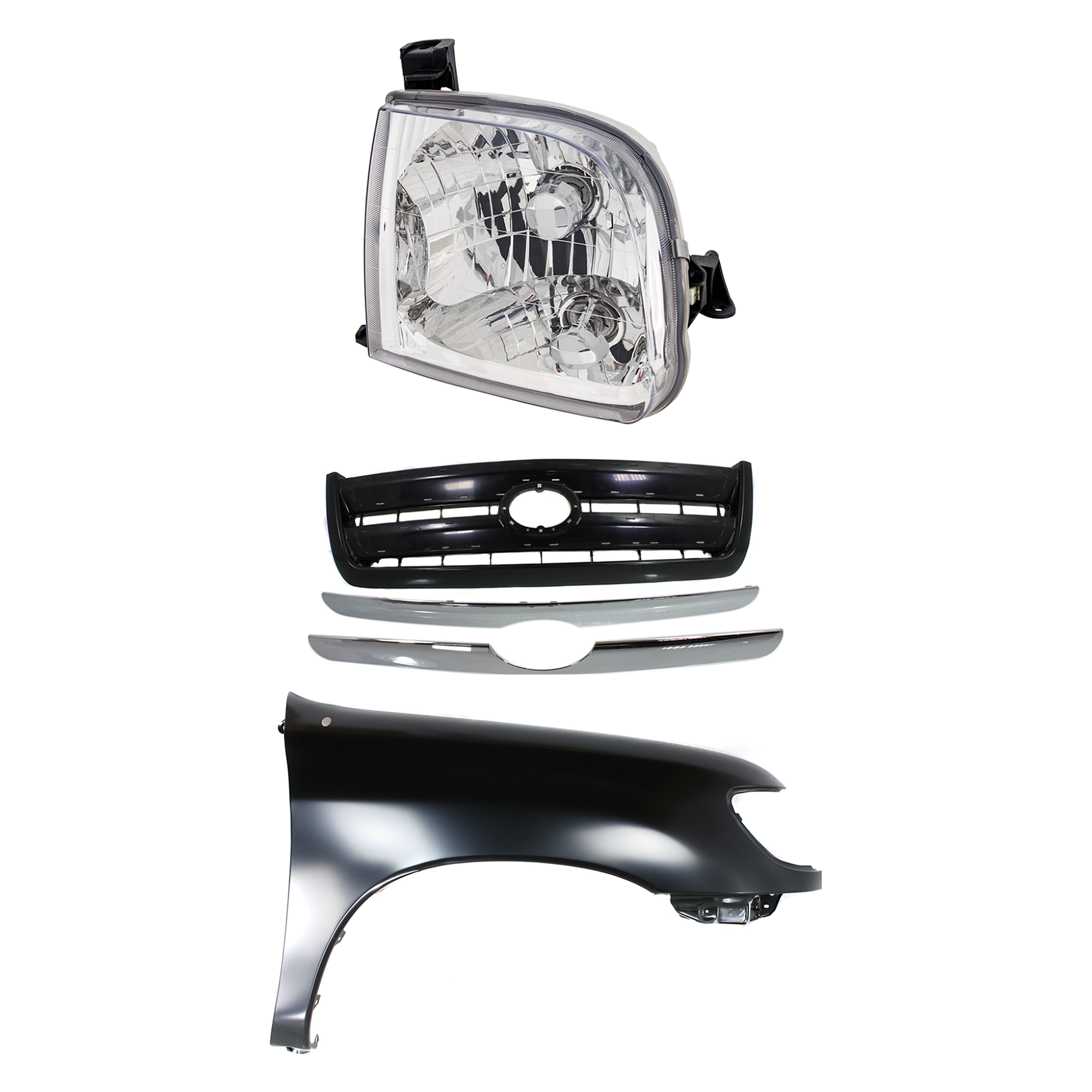 AM TUNDRA 03-04 GRILLE Painted Black Shell and Insert 3 pc Kit with Fender and Headlight SKU KIT 031323-36301 Partslink TO1200262 TO1241177 TO2503129 OEM 531000C100C0-538010C031-811100