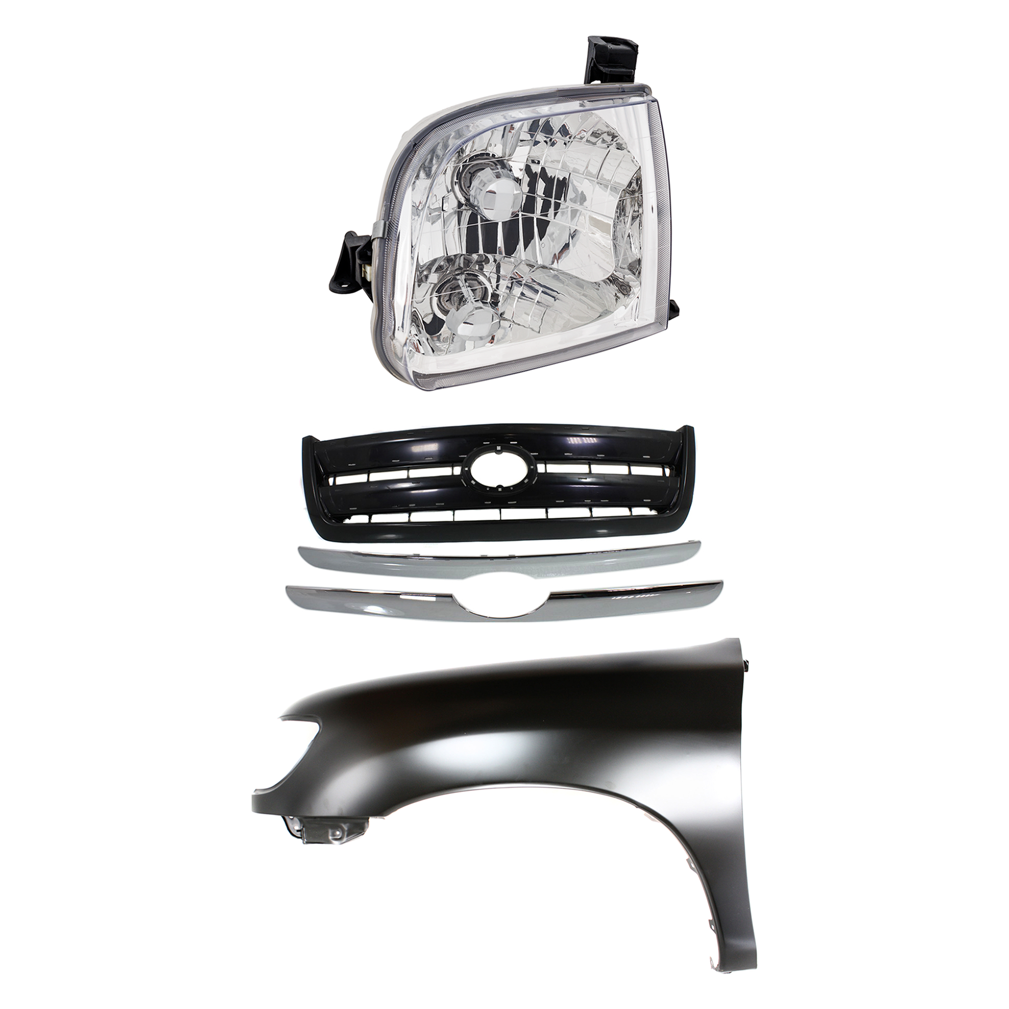AM TUNDRA 03-04 GRILLE Painted Black Shell and Insert 3 pc Kit with Fender and Headlight SKU KIT 031323-36302 Partslink TO1200262 TO1240177 TO2502129 OEM 531000C100C0-538020C031-811500