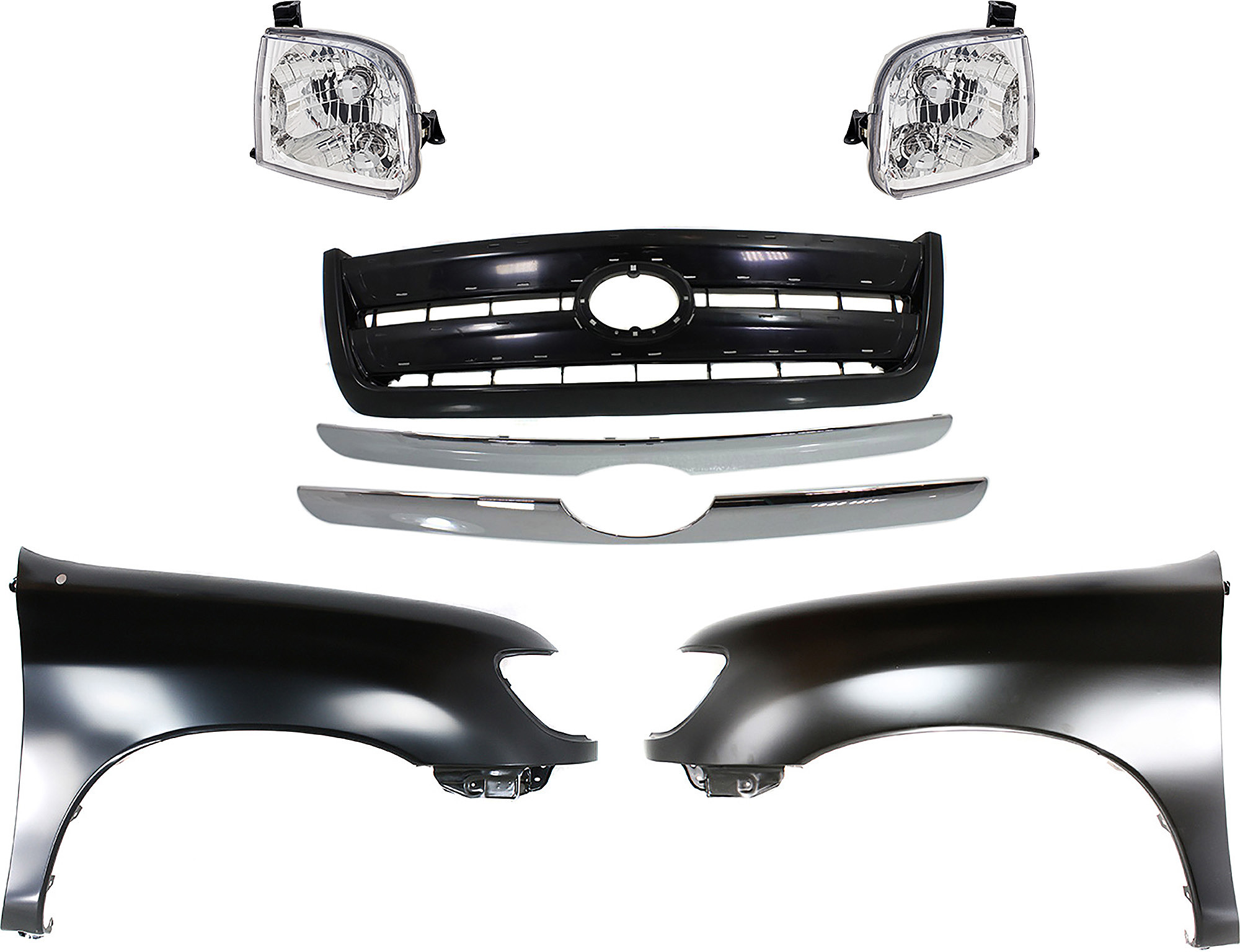 AM TUNDRA 03-04 GRILLE Painted Black Shell and Insert 5 pc Kit with Fenders and Headlights SKU KIT 031323-363 Partslink TO1200262 TO1240177 TO1241177 TO2503129 TO2502129 OEM 531000C100C0-538020C031-538010