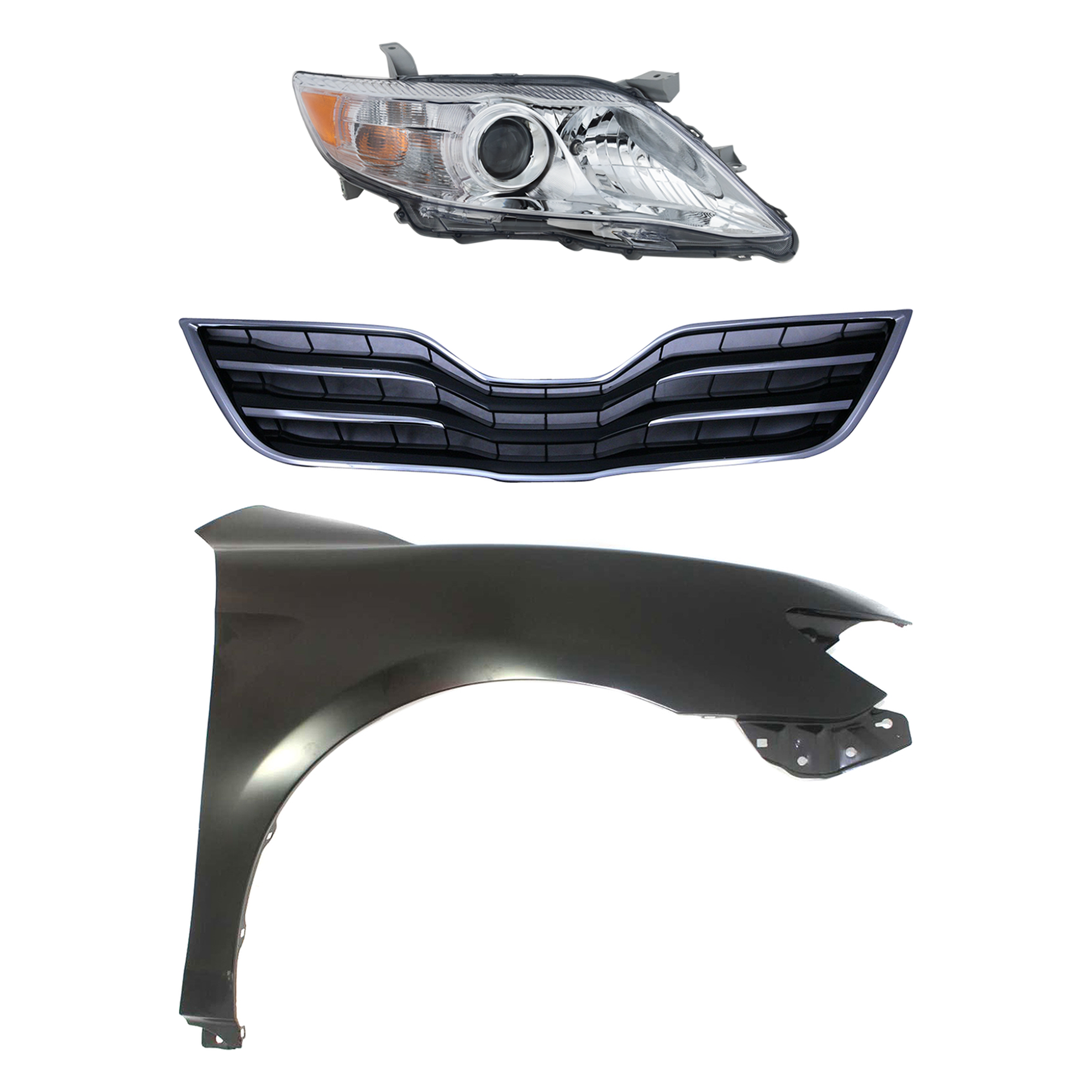 AM CAMRY 10-11 HEAD LAMP RH Assembly Halogen 3 pc Kit with Fender and Grille Assembly SKU KIT 031323-3701 Partslink TO2503191 TO1241211 TO1200325 OEM 8111006500-5380106110-53101061
