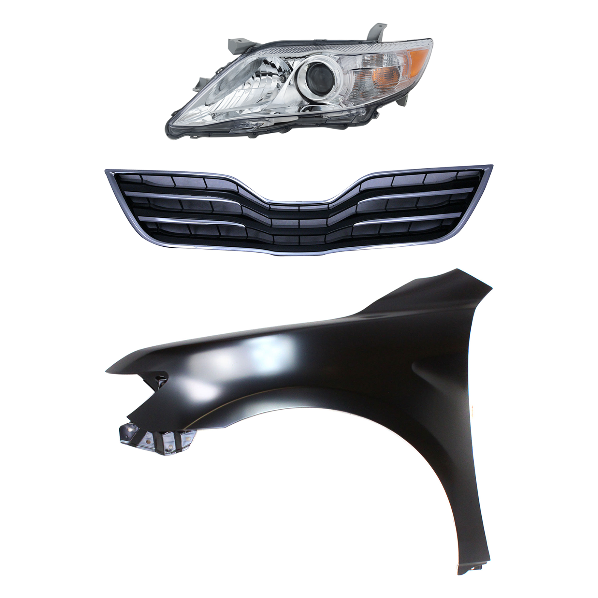 AM CAMRY 10-11 HEAD LAMP LH Assembly Halogen 3 pc Kit with Fender and Grille Assembly SKU KIT 031323-3702 Partslink TO2502191 TO1240211 TO1200325 OEM 8115006500-5380206120-53101061