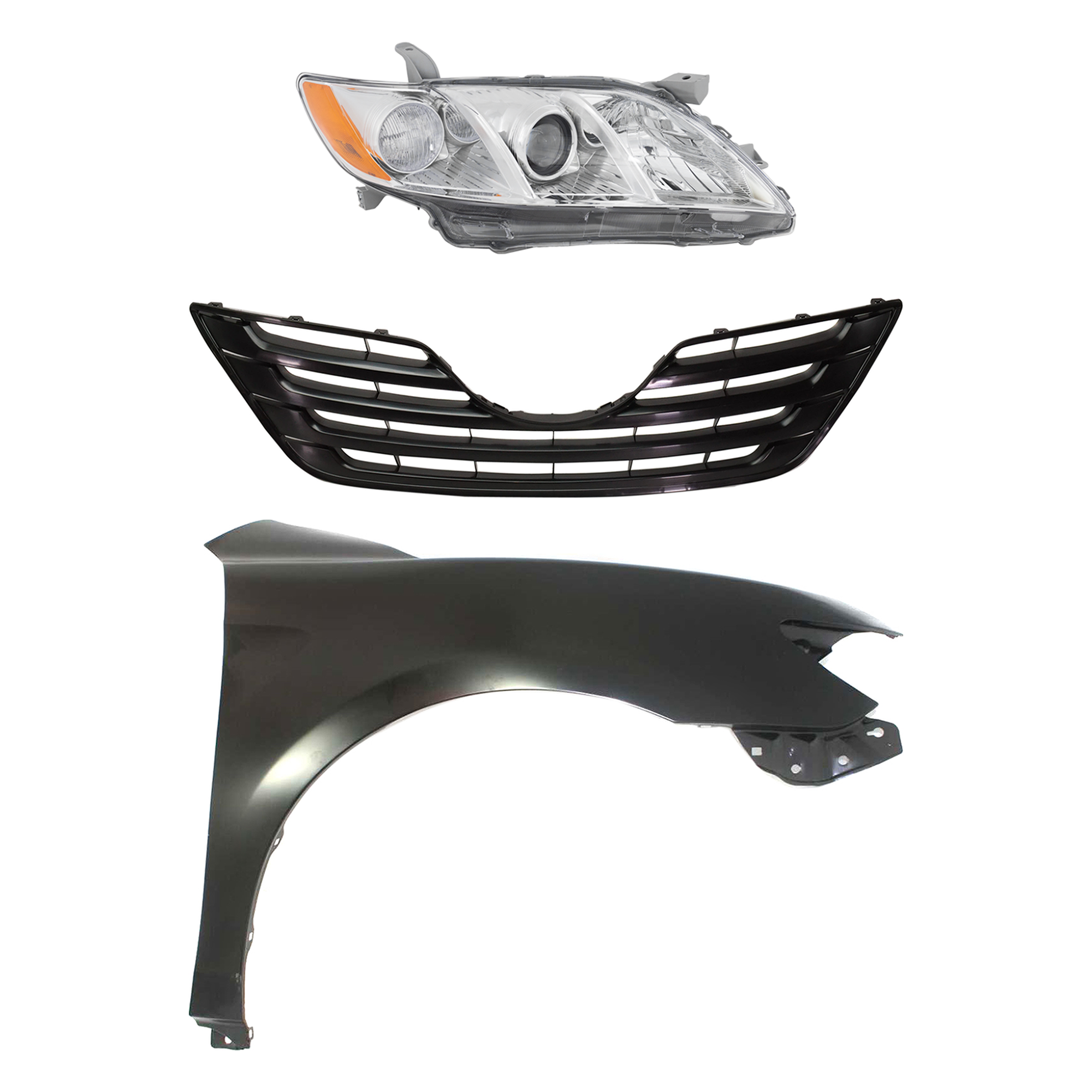 AM CAMRY 07-09 HEAD LAMP RH 3 pc Kit Lens and Housing Halogen Sedan USA Built with Fender and Grille SKU KIT 031323-37701 Partslink TO2519105 TO1241211 TO1200288 OEM 8113006201-5380106110-53111060