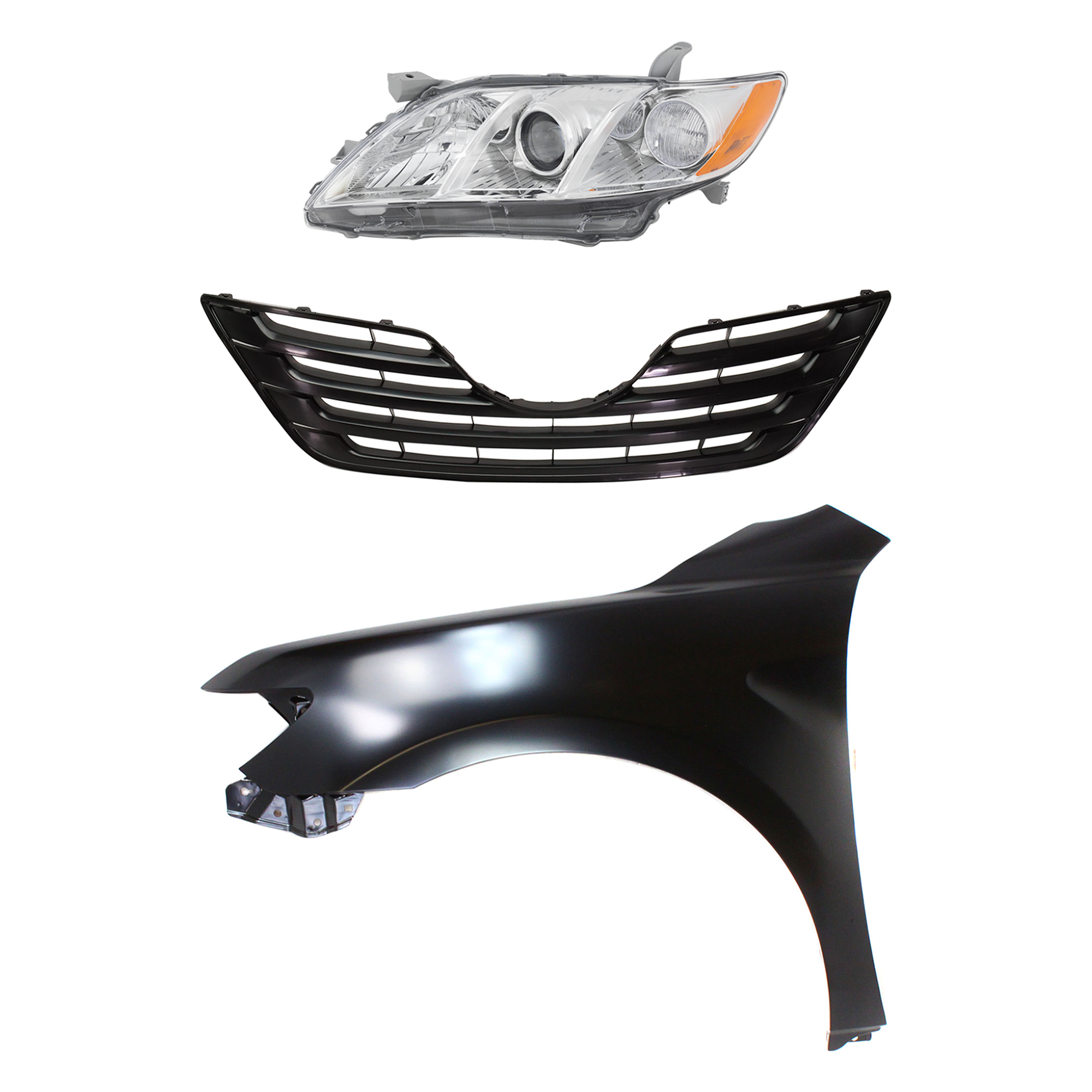 AM CAMRY 07-09 HEAD LAMP LH 3 pc Kit Lens and Housing Halogen Sedan USA Built with Fender and Grille SKU KIT 031323-37702 Partslink TO2518105 TO1240211 TO1200288 OEM 8117006201-5380206120-53111060