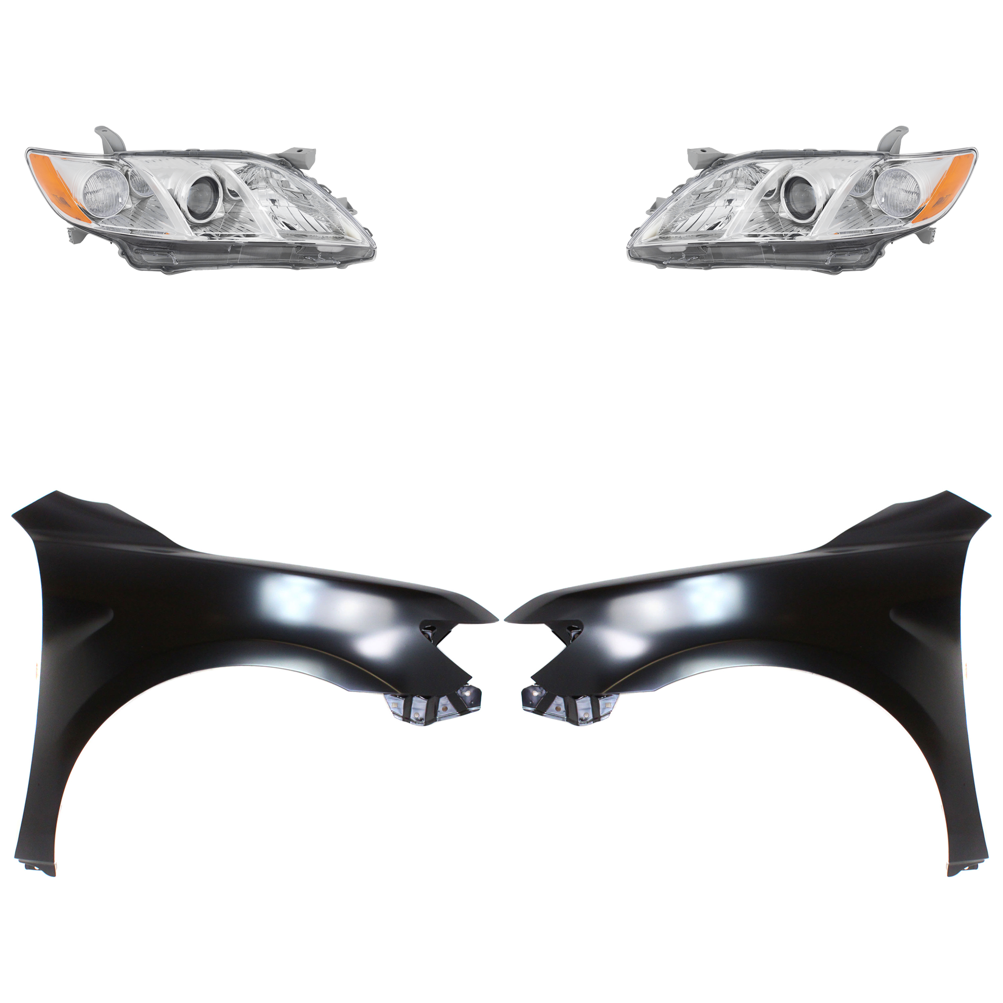 AM CAMRY 07-09 HEAD LAMP RH AND LH Lens and Housing Halogen 4 pc Kit with Fenders SKU KIT 031323-37703 Partslink TO2519105 TO2518105 TO1240211 TO1241211 OEM 8113006201-8117006201-53802061