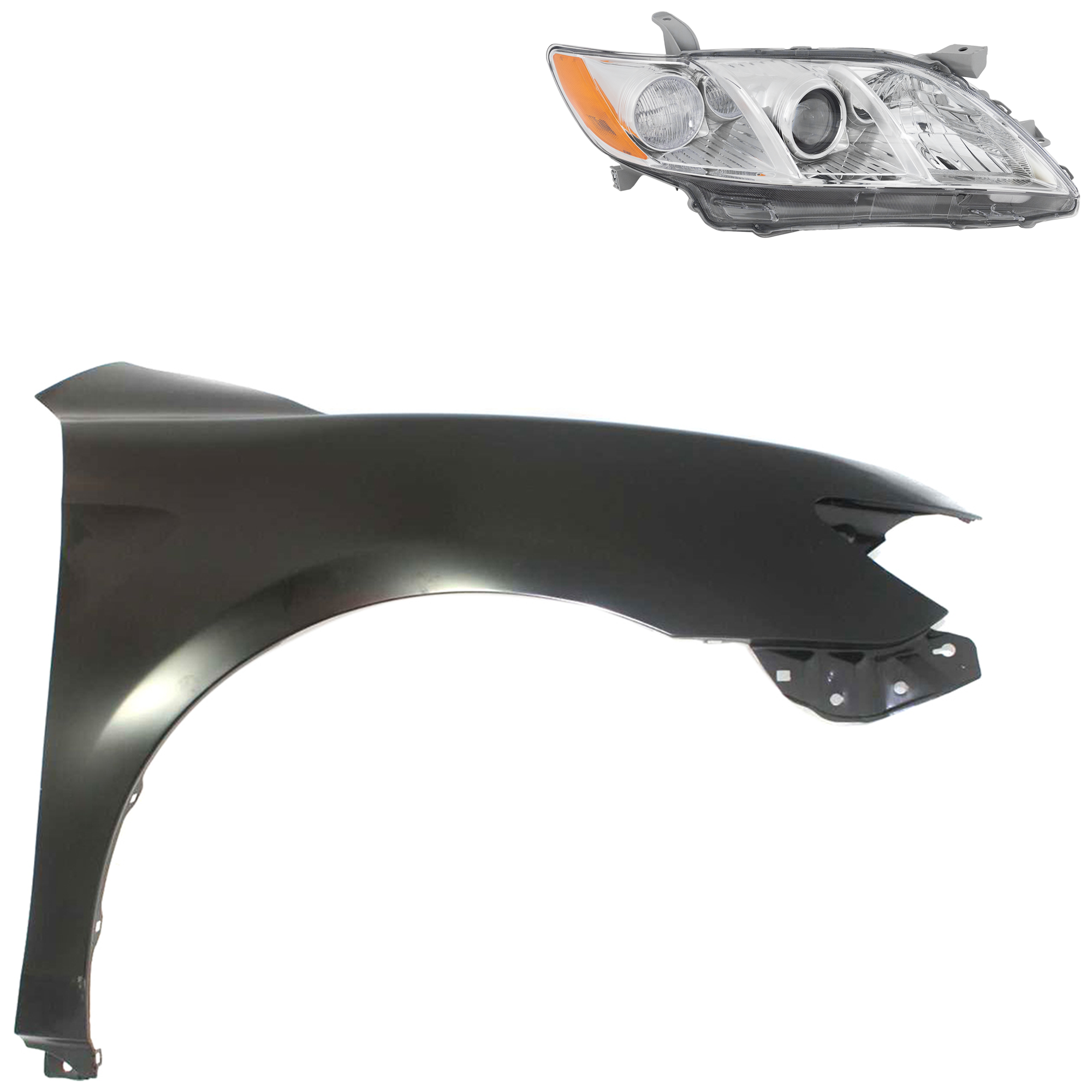 AM CAMRY 07-09 HEAD LAMP RH Lens and Housing Halogen 2 pc Kit with Fender SKU KIT 031323-37704 Partslink TO2519105 TO1241211 OEM 8113006201-5380106110