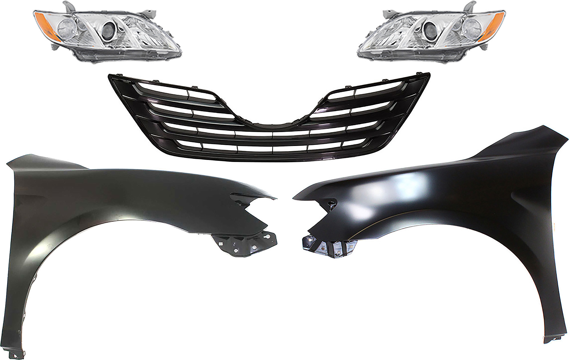 AM CAMRY 07-09 HEAD LAMP RH AND LH Lens and Housing Halogen 5 pc Kit Sedan USA Built with Fenders and Grille SKU KIT 031323-377 Partslink TO2518105 TO2519105 TO1240211 TO1241211 TO1200288 OEM 8113006201-8117006201-53802061