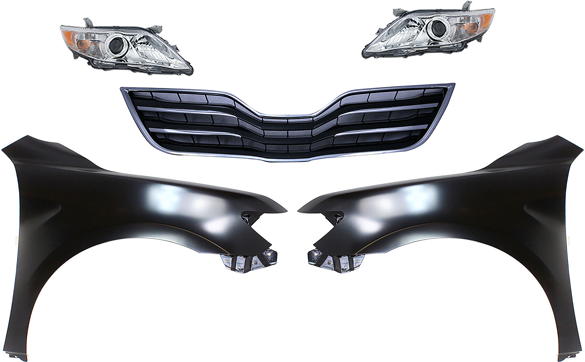 AM CAMRY 10-11 HEAD LAMP RH AND LH Assembly Halogen 5 pc Kit with Fenders and Grille Assembly SKU KIT 031323-37 Partslink TO2502191 TO2503191 TO1240211 TO1241211 TO1200325 OEM 8115006500-8111006500-53802061