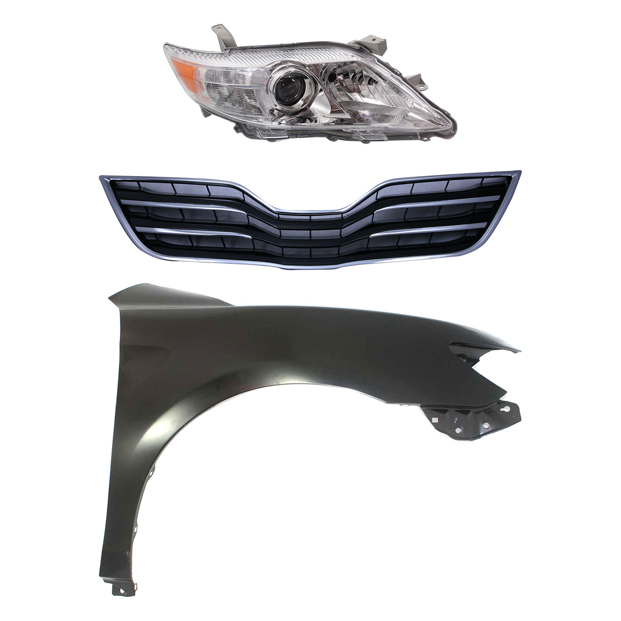 AM CAMRY 10-11 HEAD LAMP RH Lens and Housing Halogen 3 pc Kit with Fender and Grille Assembly SKU KIT 031323-3801 Partslink TO2519125 TO1241211 TO1200325 OEM 8113033700-5380106110-53101061