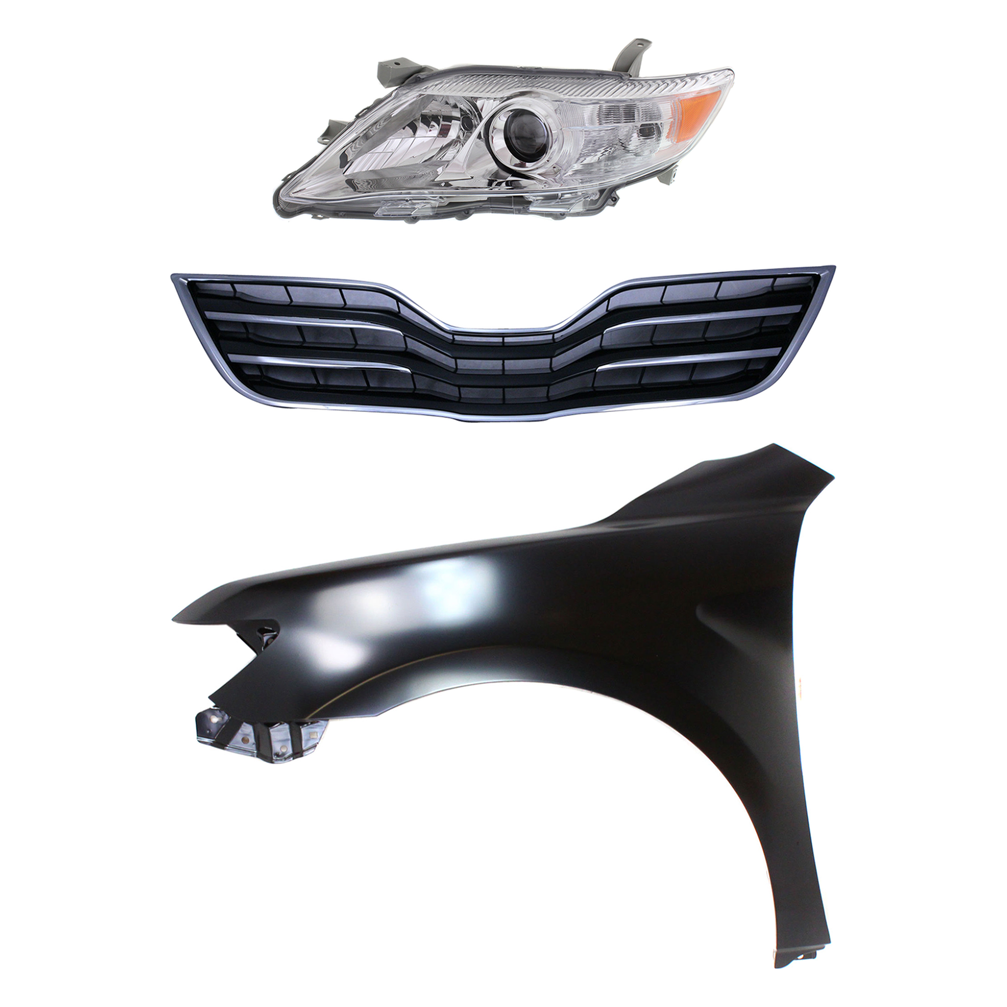 AM CAMRY 10-11 HEAD LAMP LH Lens and Housing Halogen 3 pc Kit with Fender and Grille Assembly SKU KIT 031323-3802 Partslink TO2518125 TO1240211 TO1200325 OEM 8117033700-5380206120-53101061