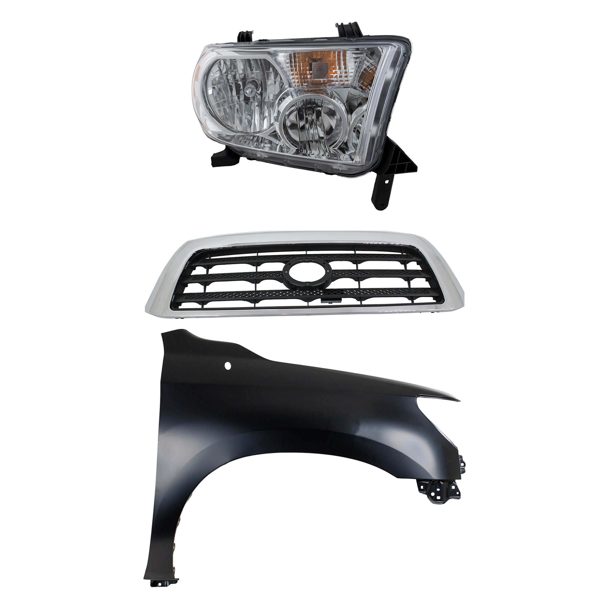 AM TUNDRA 07-09 GRILLE Chrome Shell with Painted Black Insert 3 pc Kit with Fender and Headlight SKU KIT 031323-38501 Partslink TO1200301 TO1241217 TO2503171 OEM 531000C160-538010C190-811100C0