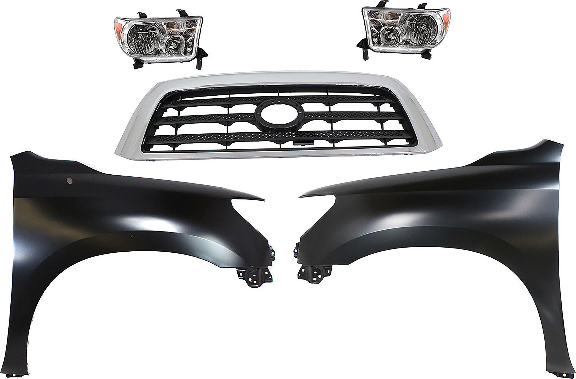 AM TUNDRA 07-09 GRILLE Chrome Shell with Painted Black Insert 5 pc Kit with Fenders and Headlights SKU KIT 031323-385 Partslink TO1200301 TO1240217 TO1241217 TO2502171 TO2503171 OEM 531000C160-538020C170-538010C1