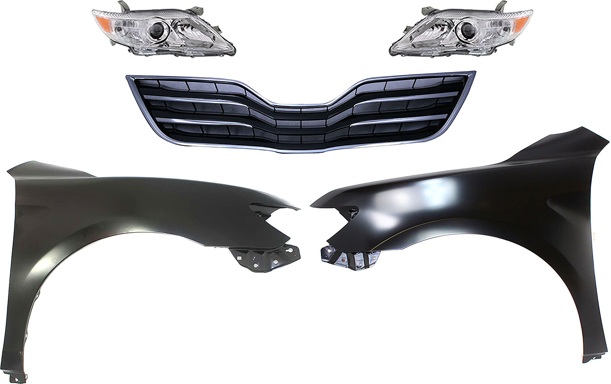 AM CAMRY 10-11 HEAD LAMP RH AND LH Lens and Housing Halogen 5 pc Kit with Fenders and Grille Assembly SKU KIT 031323-38 Partslink TO2519125 TO2518125 TO1240211 TO1241211 TO1200325 OEM 8113033700-8117033700-53802061