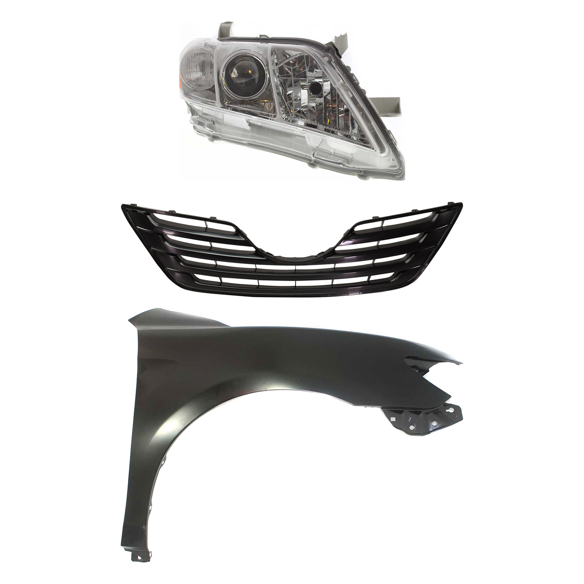 AM CAMRY 07-09 HEAD LAMP RH 3 pc Kit Lens and Housing Halogen Sedan Japan Built with Fender and Grille SKU KIT 031323-39401 Partslink TO2503167 TO1241211 TO1200288 OEM 8113033652-5380106110-53111060