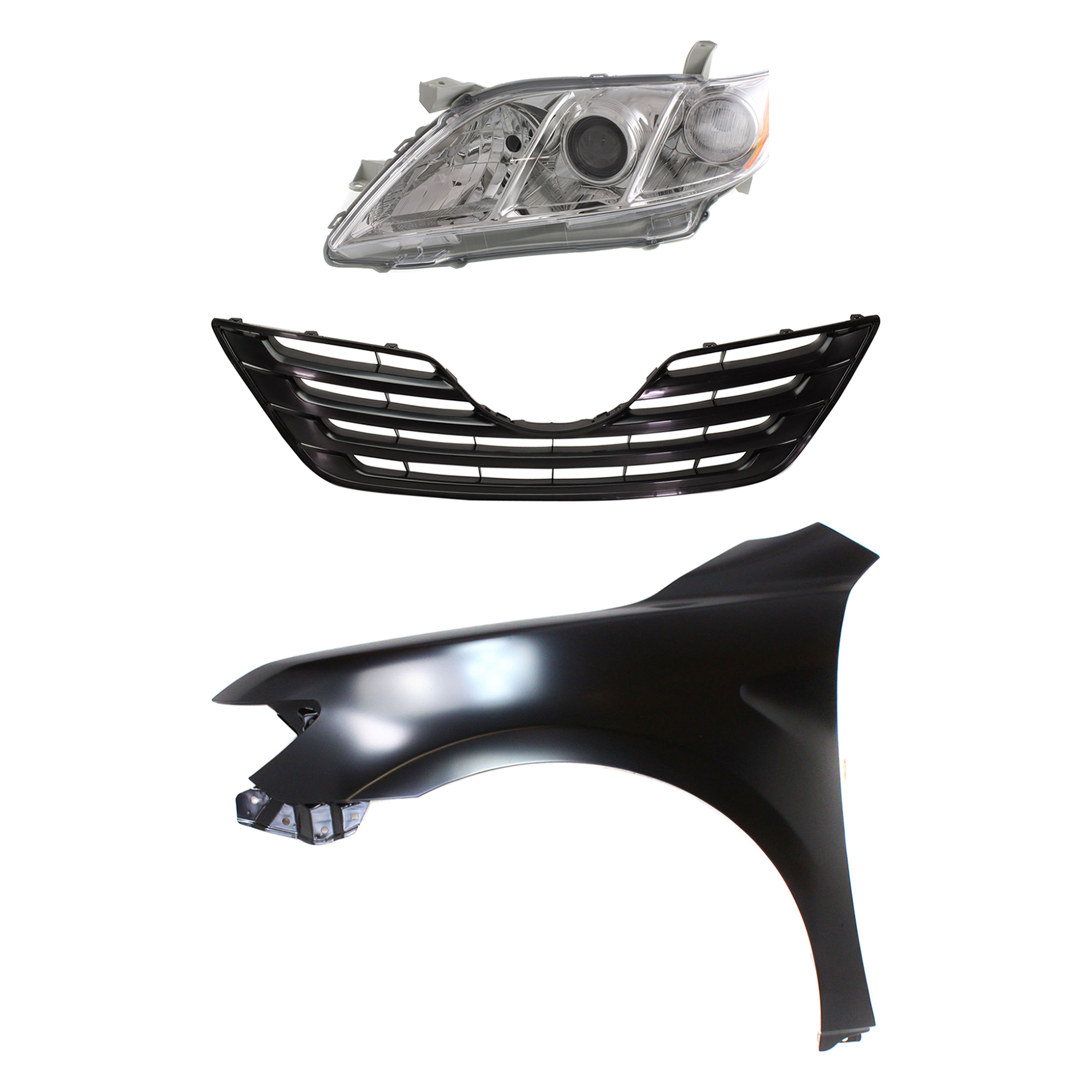 AM CAMRY 07-09 HEAD LAMP LH 3 pc Kit Lens and Housing Halogen Sedan Japan Built with Fender and Grille SKU KIT 031323-39402 Partslink TO2502167 TO1240211 TO1200288 OEM 8117033652-5380206120-53111060
