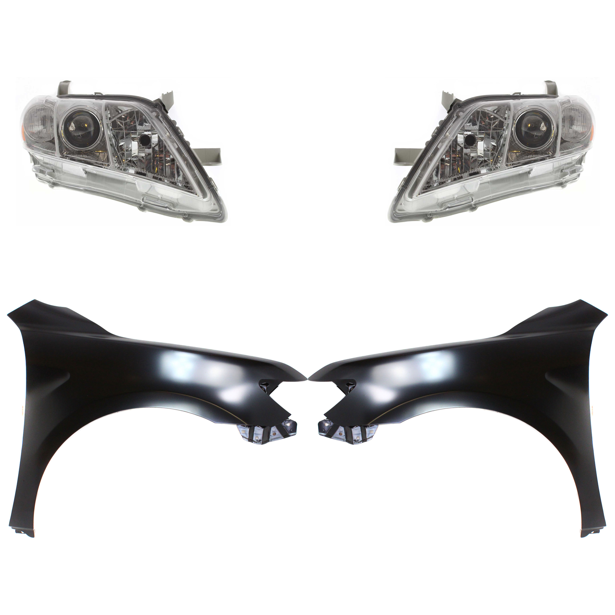 AM CAMRY 07-09 HEAD LAMP RH AND LH Lens and Housing Halogen 4 pc Kit with Fenders SKU KIT 031323-39403 Partslink TO2503167 TO2502167 TO1240211 TO1241211 OEM 8113033652-8117033652-53802061