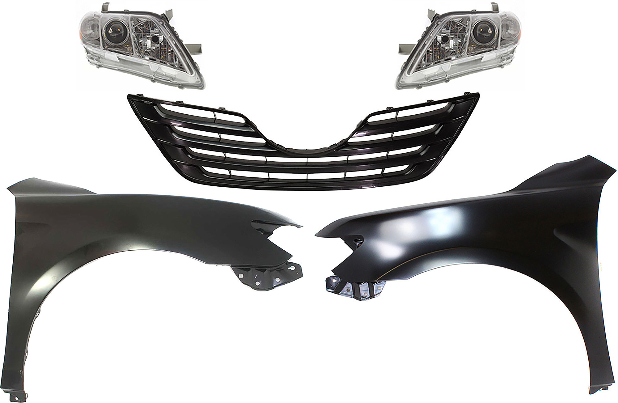 AM CAMRY 07-09 HEAD LAMP RH AND LH Lens and Housing Halogen 5 pc Kit Sedan Japan Built with Fenders and Grille SKU KIT 031323-394 Partslink TO2502167 TO2503167 TO1240211 TO1241211 TO1200288 OEM 8113033652-8117033652-53802061
