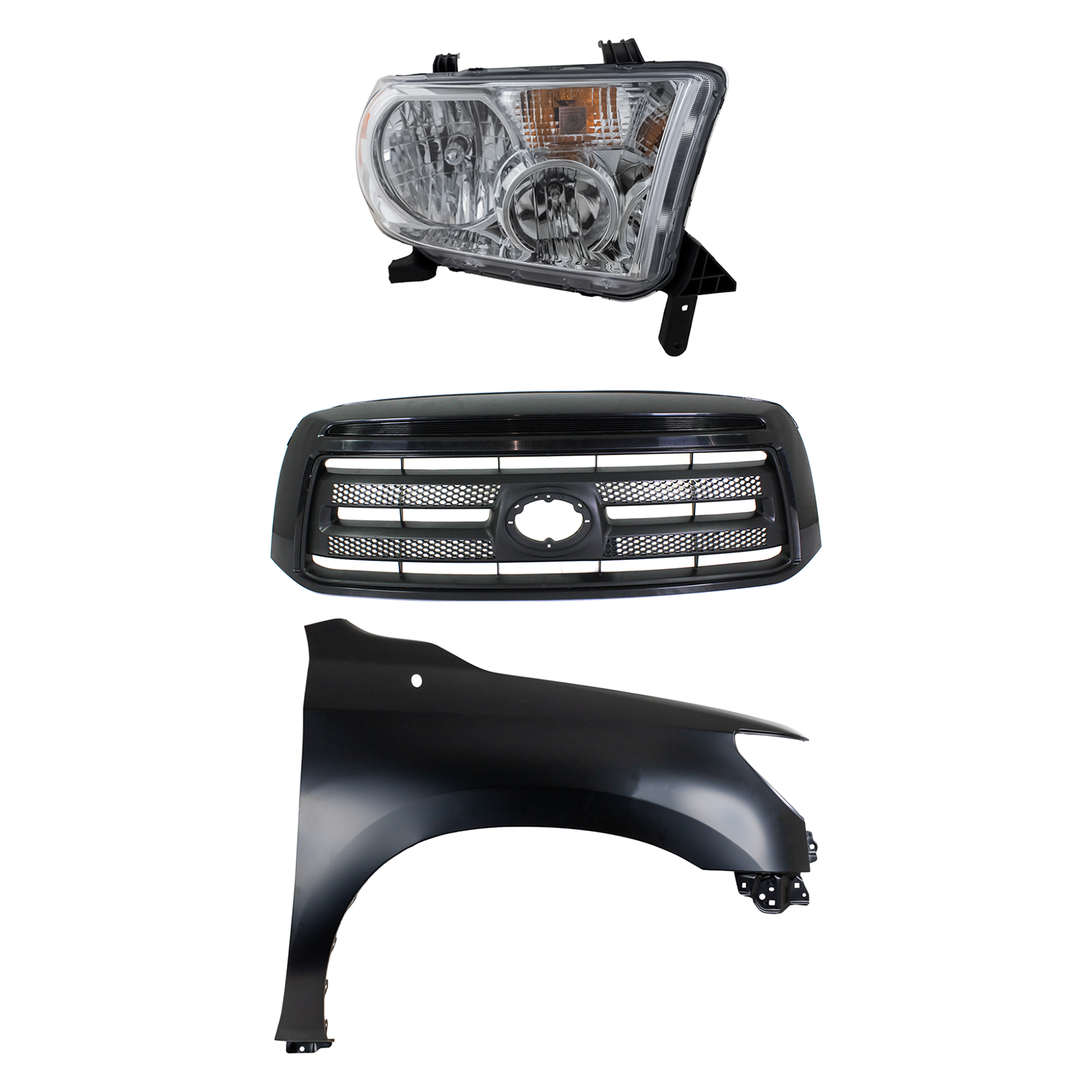 AM TUNDRA 10-13 GRILLE Painted Black Shell and Insert 3 pc Kit with Fender and Headlight SKU KIT 031323-39601 Partslink TO1200336 TO1241217 TO2503171 OEM 531000C220-538010C190-811100C0
