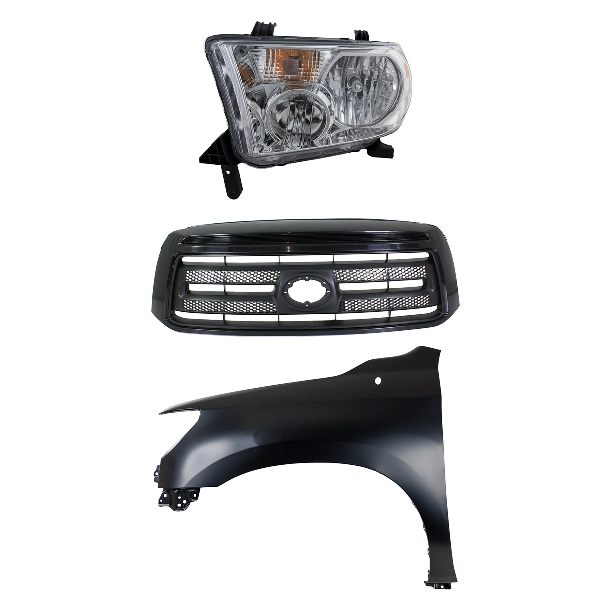 AM TUNDRA 10-13 GRILLE Painted Black Shell and Insert 3 pc Kit with Fender and Headlight SKU KIT 031323-39602 Partslink TO1200336 TO1240217 TO2502171 OEM 531000C220-538020C170-811500C0