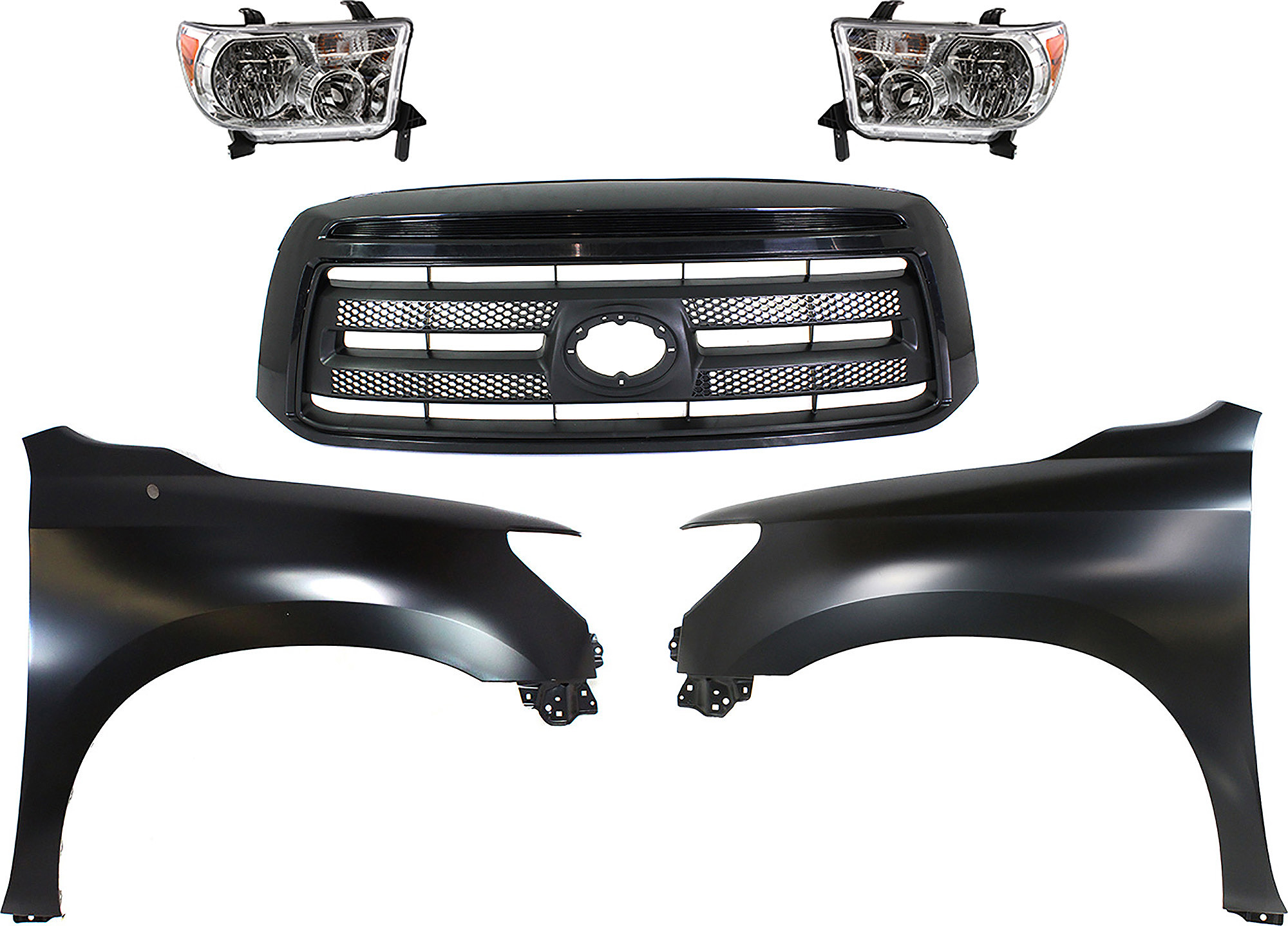AM TUNDRA 10-13 GRILLE Painted Black Shell and Insert 5 pc Kit with Fenders and Headlights SKU KIT 031323-396 Partslink TO1200336 TO1240217 TO1241217 TO2502171 TO2503171 OEM 531000C220-538020C170-538010C1