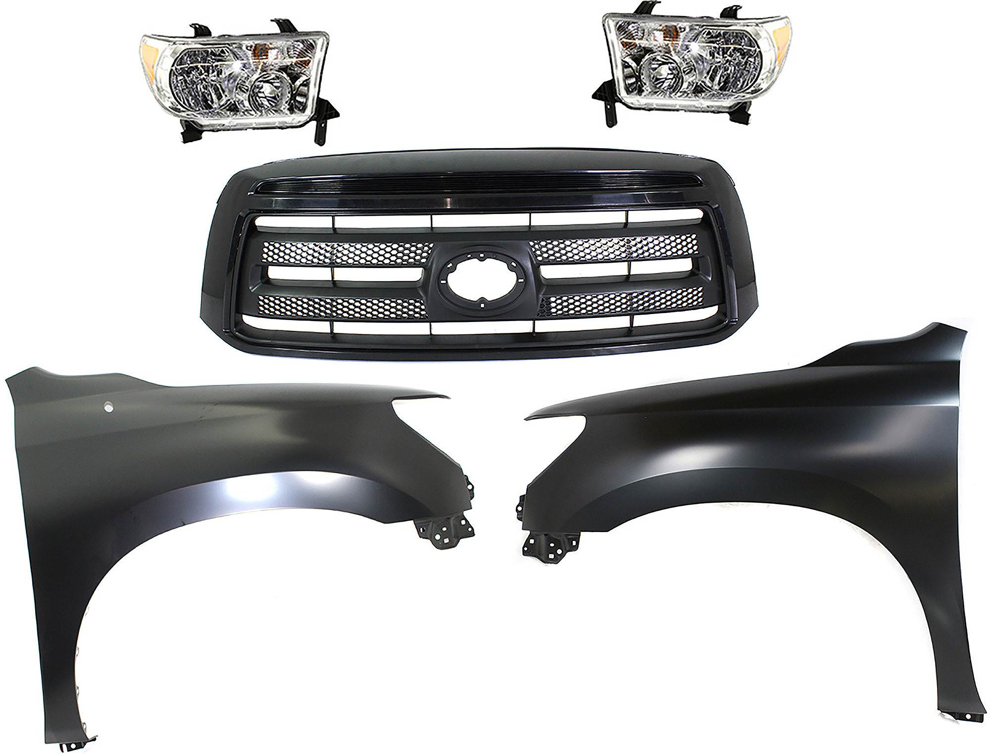 AM TUNDRA 10-13 GRILLE Painted Black Shell and Insert 5 pc Kit with Fenders and Headlights SKU KIT 031323-399 Partslink TO1200336 TO1240217C TO1241217C TO2502171C TO2503171C OEM 531000C220-538010C190-538020C1