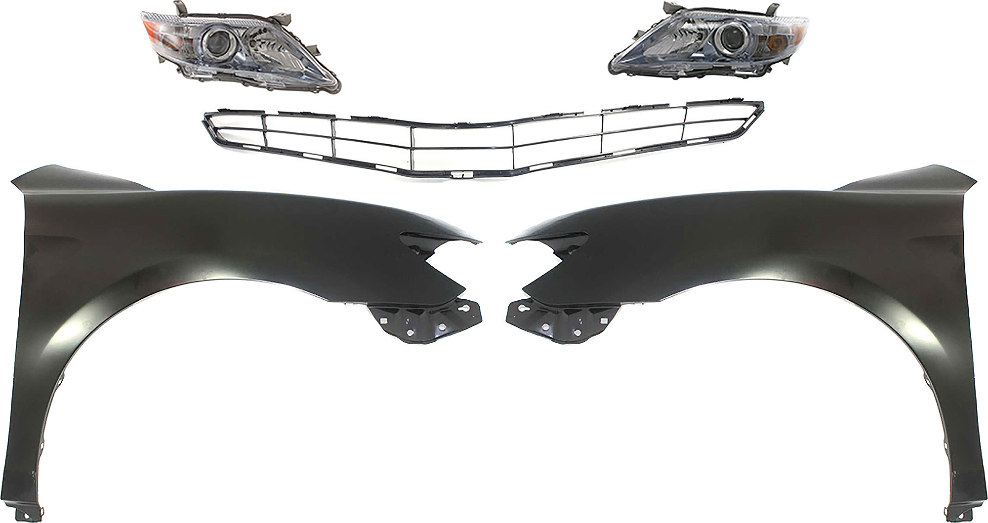 AM CAMRY 10-11 HEAD LAMP RH AND LH Assembly Halogen 5 pc Kit with Fenders and Grille Assembly SKU KIT 031323-39 Partslink TO2502195 TO2503195 TO1240211 TO1241211 TO1200327 OEM 8111006520-8115006520-53802061