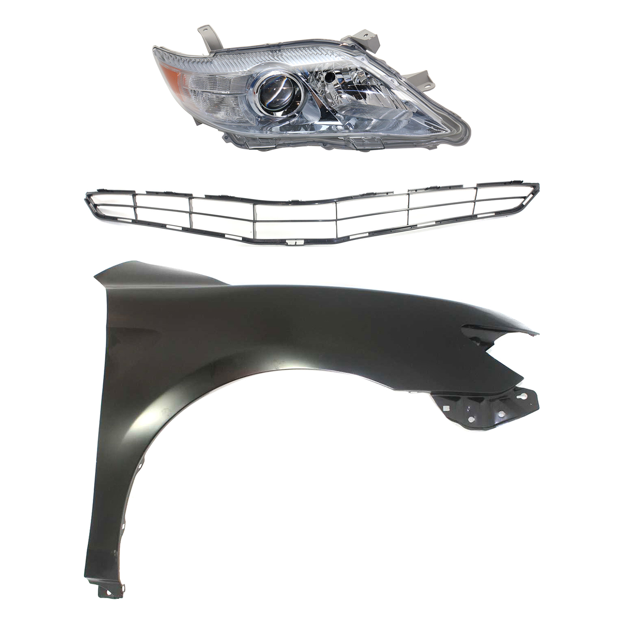 AM CAMRY 10-11 HEAD LAMP RH Lens and Housing Halogen 3 pc Kit with Fender and Grille Assembly SKU KIT 031323-4001 Partslink TO2519126 TO1241211 TO1200327 OEM 8113033710-5380106110-53114339