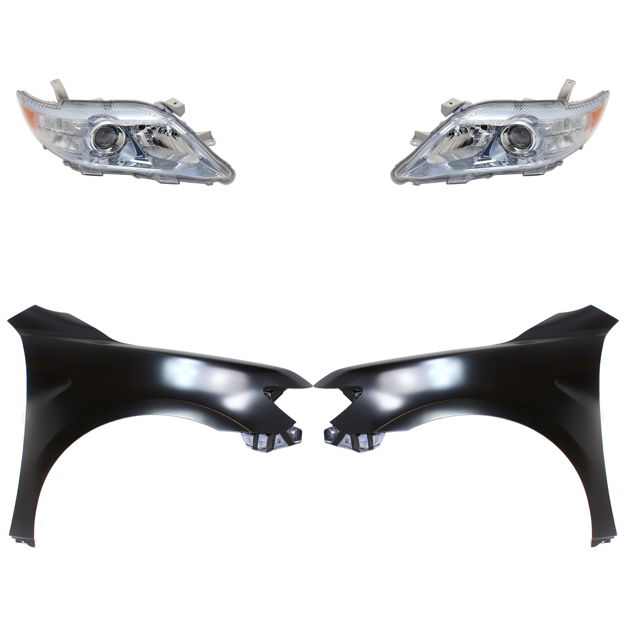 AM CAMRY 10-11 HEAD LAMP RH AND LH Lens and Housing Halogen 4 pc Kit with Fenders SKU KIT 031323-4003 Partslink TO2519126 TO2518126 TO1240211 TO1241211 OEM 8113033710-8117033710-53802061