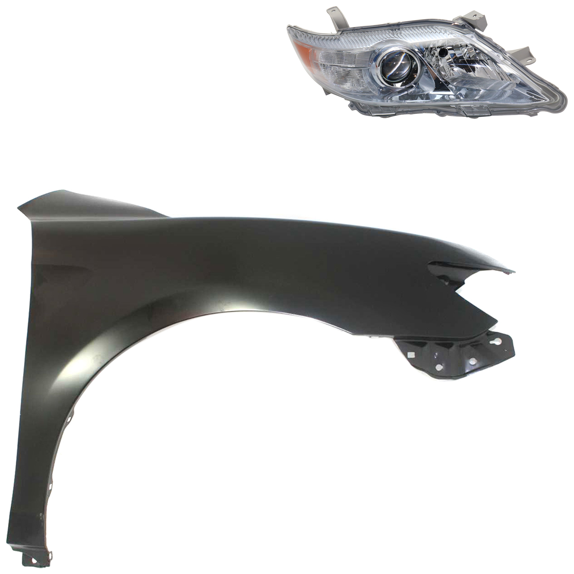 AM CAMRY 10-11 HEAD LAMP RH Lens and Housing Halogen 2 pc Kit with Fender SKU KIT 031323-4004 Partslink TO2519126 TO1241211 OEM 8113033710-5380106110