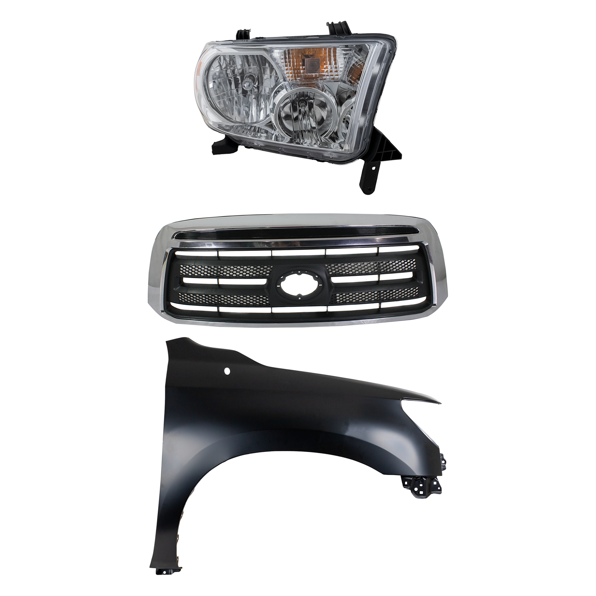 AM TUNDRA 10-13 GRILLE Chrome Shell with Textured Black Insert 3 pc Kit with Fender and Headlight SKU KIT 031323-40101 Partslink TO1200337 TO1241217 TO2503171 OEM 531000C230-538010C190-811100C0