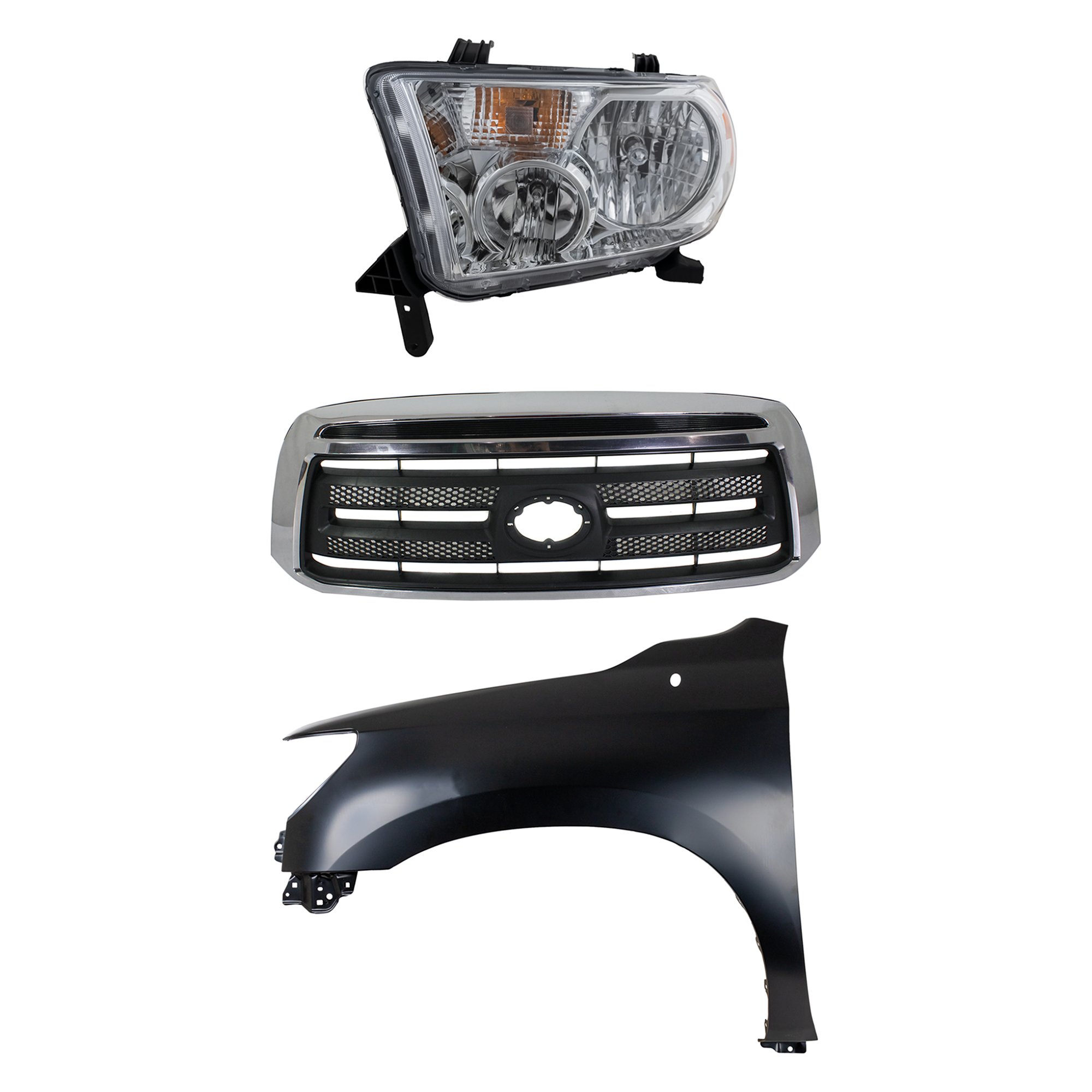 AM TUNDRA 10-13 GRILLE Chrome Shell with Textured Black Insert 3 pc Kit with Fender and Headlight SKU KIT 031323-40102 Partslink TO1200337 TO1240217 TO2502171 OEM 531000C230-538020C170-811500C0