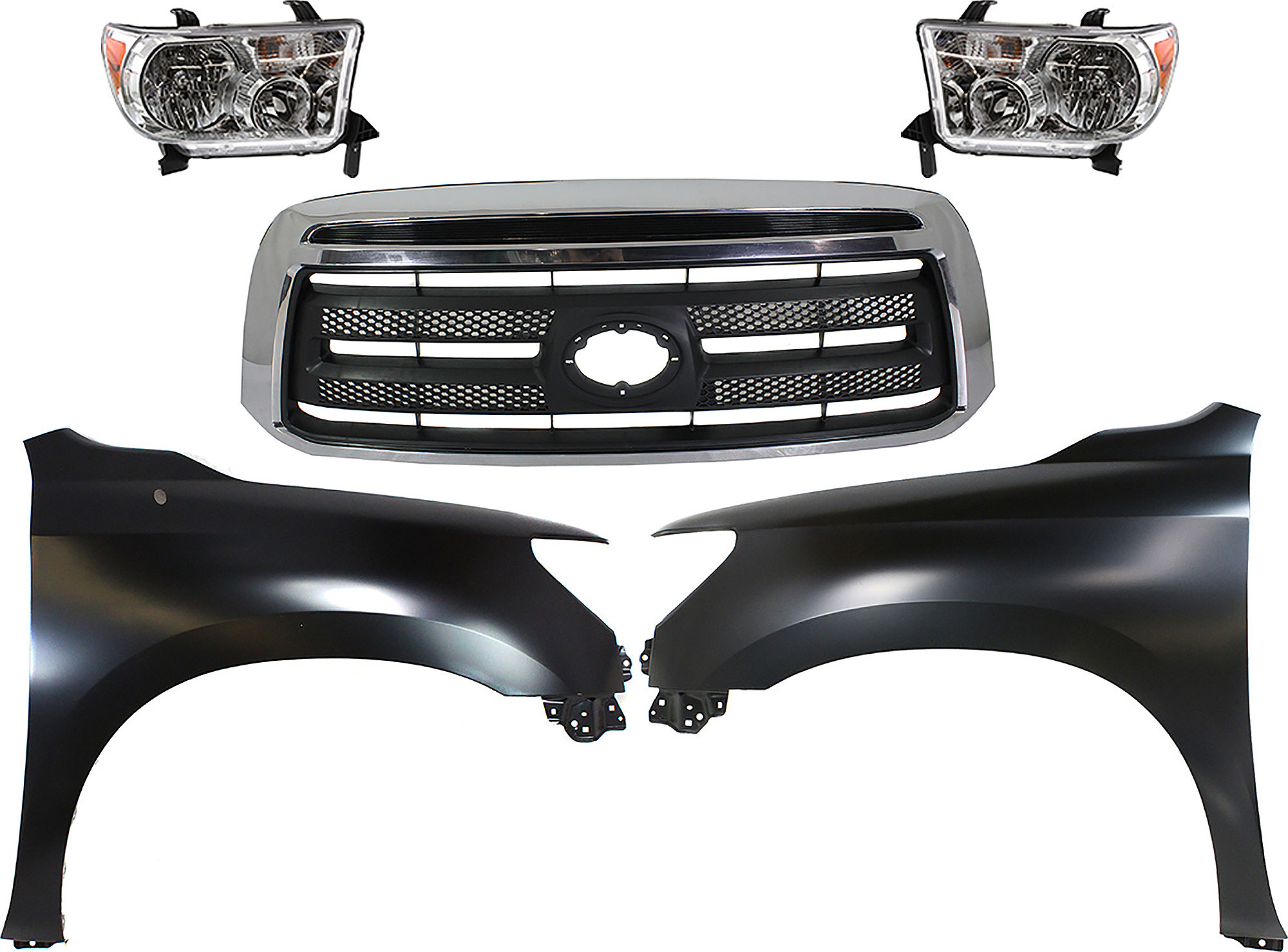 AM TUNDRA 10-13 GRILLE Chrome Shell with Textured Black Insert 5 pc Kit with Fenders and Headlights SKU KIT 031323-401 Partslink TO1200337 TO1240217 TO1241217 TO2502171 TO2503171 OEM 531000C230-538020C170-538010C1