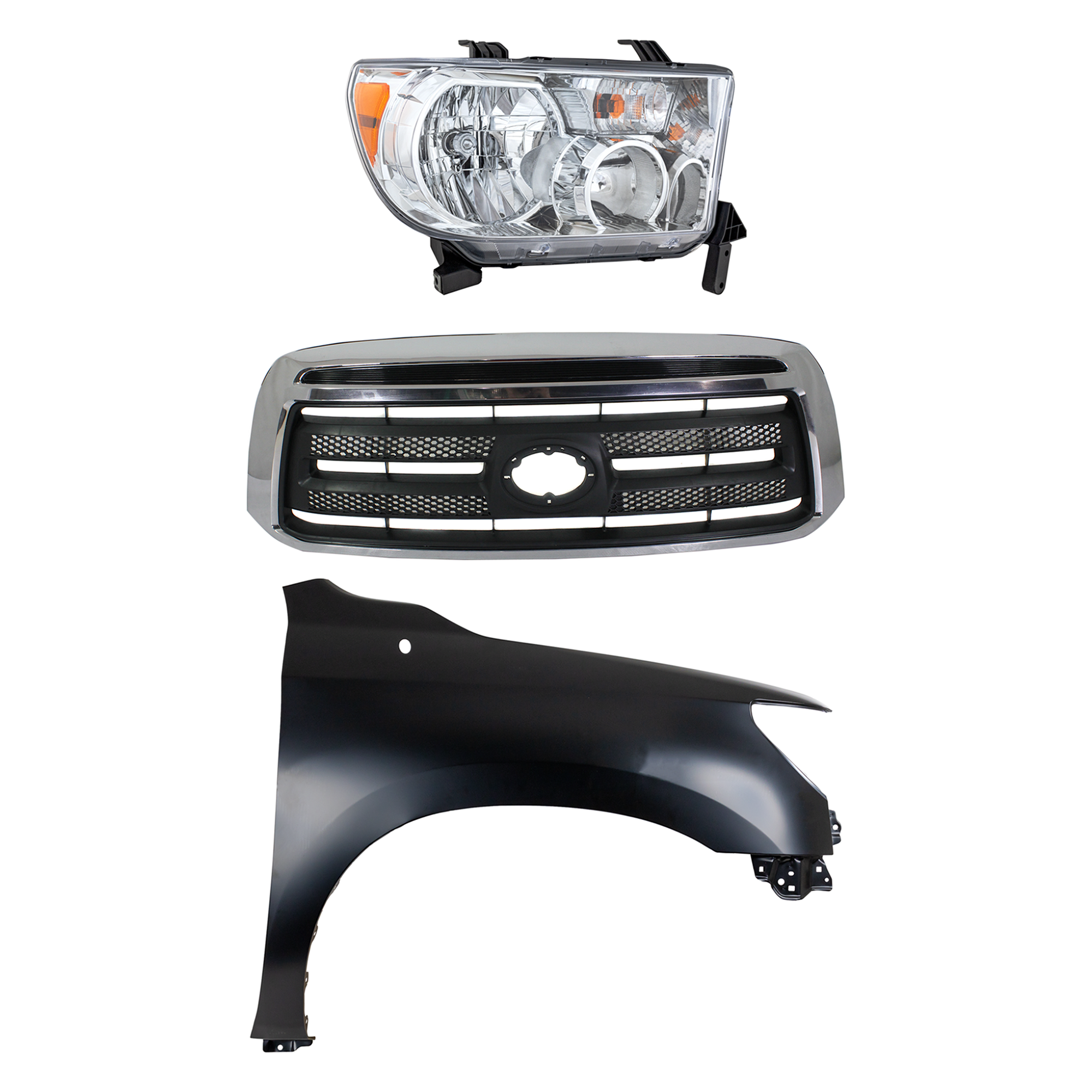 AM TUNDRA 10-13 HEAD LAMP RH Assembly Halogen 3 pc Kit with Fender and Grille Assembly SKU KIT 031323-40201 Partslink TO2503194 TO1241217 TO1200337 OEM 811100C070-538010C190-531000C2