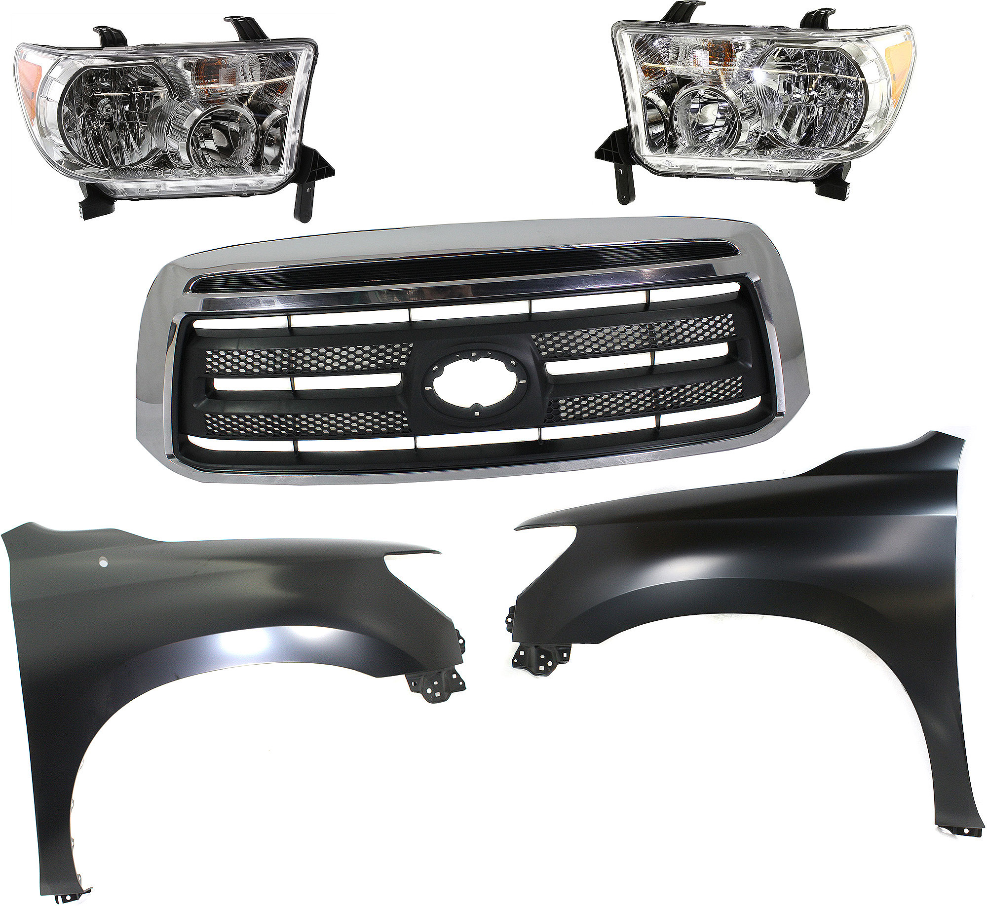 AM TUNDRA 10-13 GRILLE Chrome Shell with Textured Black Insert 5 pc Kit with Fenders and Headlights SKU KIT 031323-404 Partslink TO1200337 TO1240217C TO1241217C TO2502171C TO2503171C OEM 531000C230-538010C190-538020C1