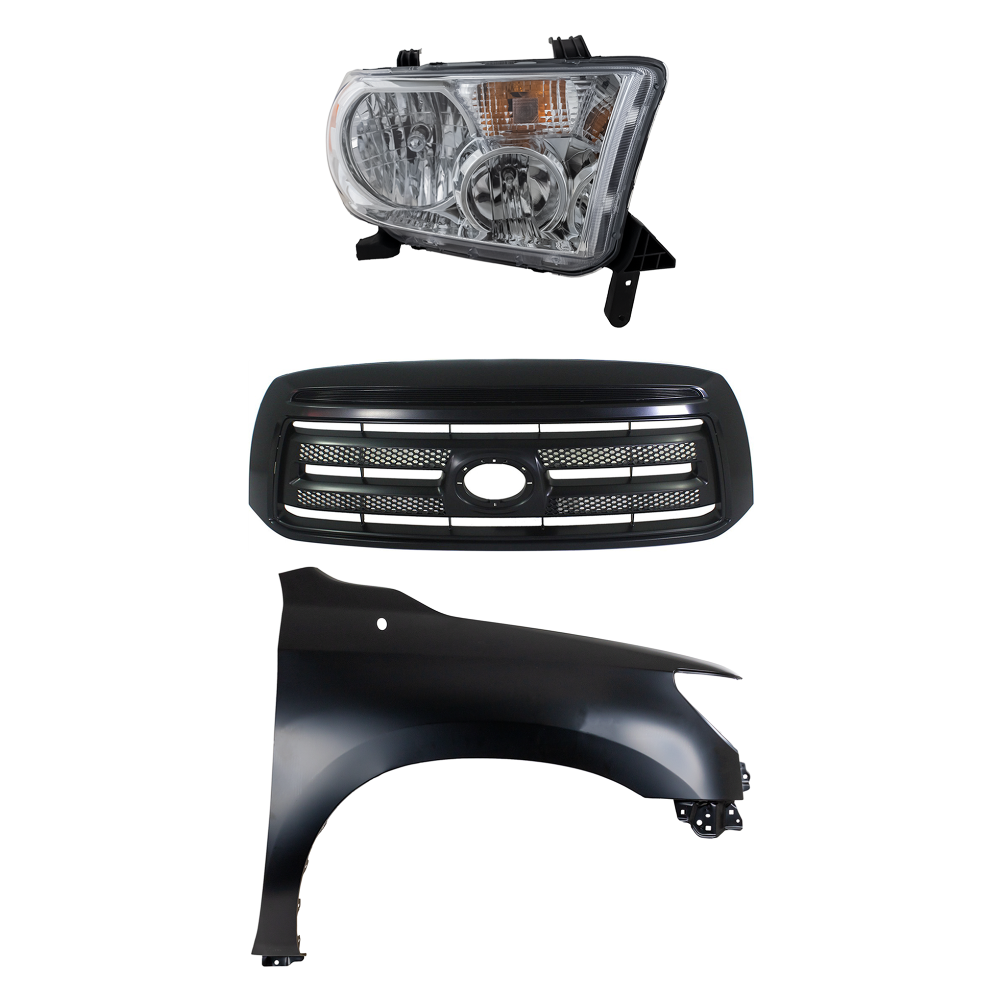 AM TUNDRA 10-13 GRILLE Painted Black Shell and Insert 3 pc Kit with Fender and Headlight SKU KIT 031323-40601 Partslink TO1200345 TO1241217 TO2503171 OEM 531000C240C0-538010C190-811100