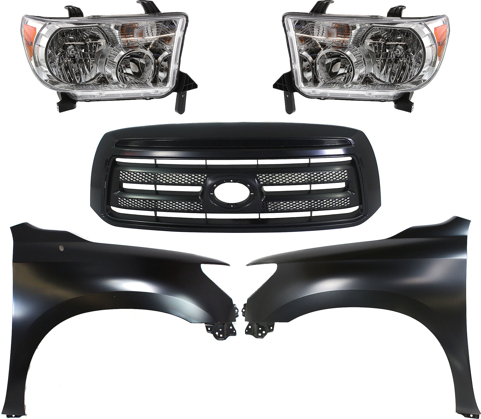 AM TUNDRA 10-13 GRILLE Painted Black Shell and Insert 5 pc Kit with Fenders and Headlights SKU KIT 031323-406 Partslink TO1200345 TO1240217 TO1241217 TO2502171 TO2503171 OEM 531000C240C0-538020C170-538010