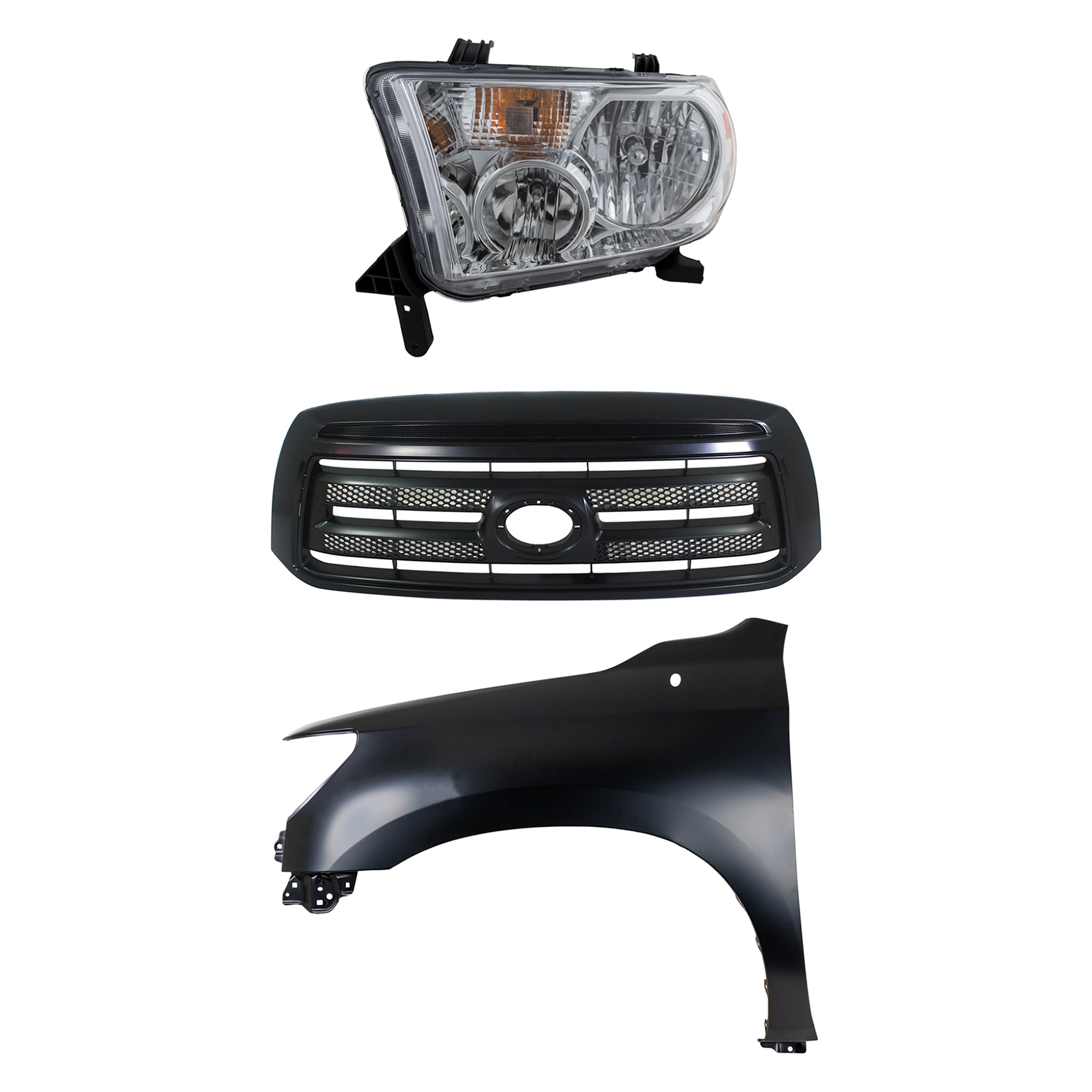 AM TUNDRA 10-13 GRILLE Painted Black Shell and Insert 3 pc Kit with Fender and Headlight SKU KIT 031323-40902 Partslink TO1200345 TO1240217C TO2502171C OEM 531000C240C0-538020C170-811500