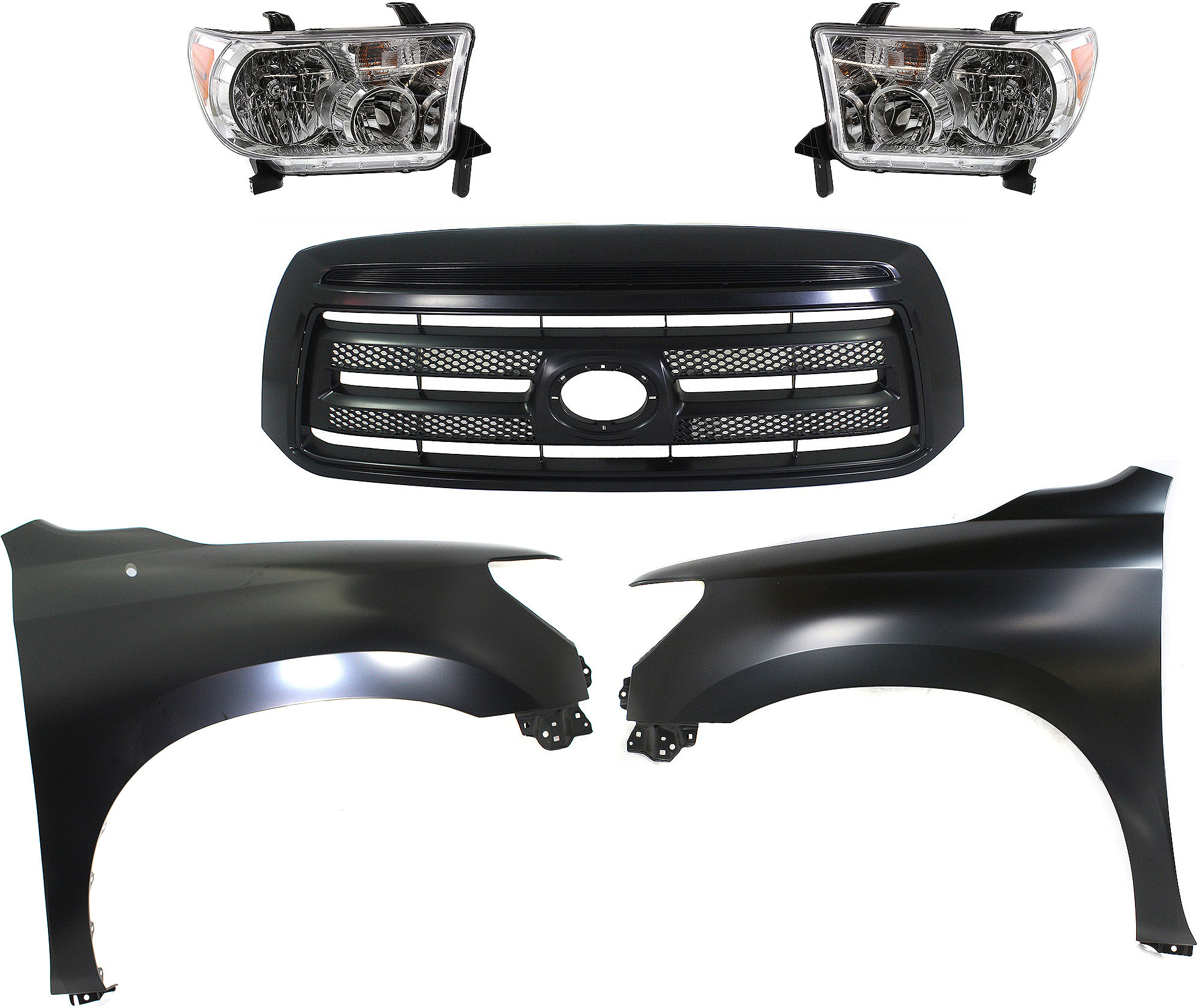 AM TUNDRA 10-13 GRILLE Painted Black Shell and Insert 5 pc Kit with Fenders and Headlights SKU KIT 031323-409 Partslink TO1200345 TO1240217C TO1241217C TO2502171C TO2503171C OEM 531000C240C0-538010C190-538020