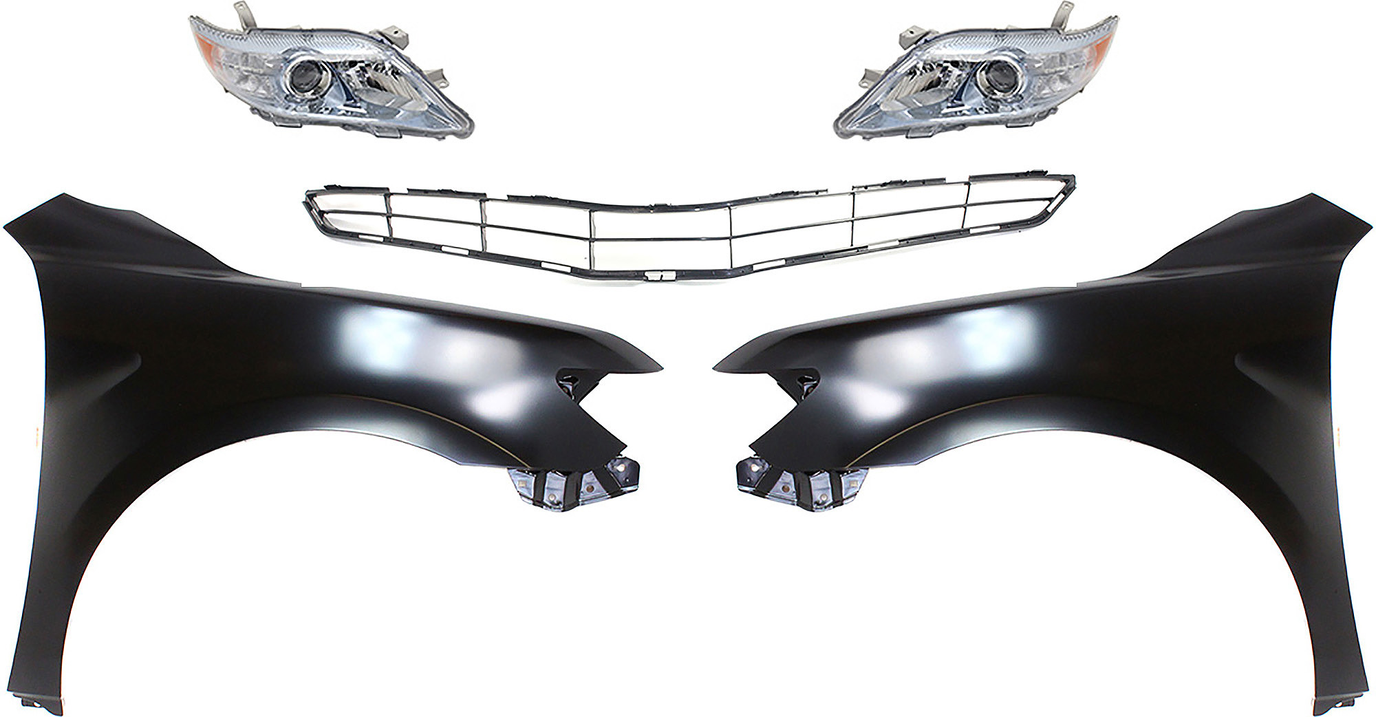 AM CAMRY 10-11 HEAD LAMP RH AND LH Lens and Housing Halogen 5 pc Kit with Fenders and Grille Assembly SKU KIT 031323-40 Partslink TO2518126 TO2519126 TO1240211 TO1241211 TO1200327 OEM 8117033710-8113033710-53802061