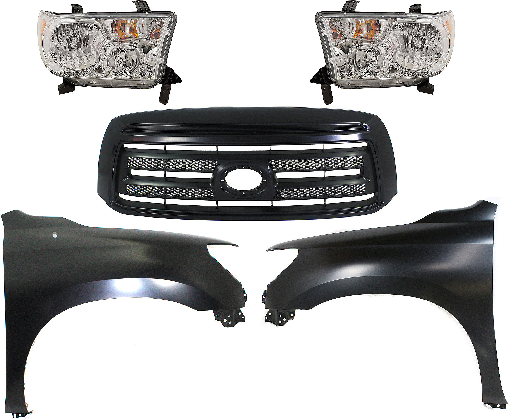 AM TUNDRA 10-13 HEAD LAMP RH AND LH Assembly Halogen 5 pc Kit with Fenders and Grille Assembly CAPA SKU KIT 031323-410 Partslink TO1200345 TO1240217C TO1241217C TO2502194C TO2503194C OEM 531000C240C0-538010C190-538020