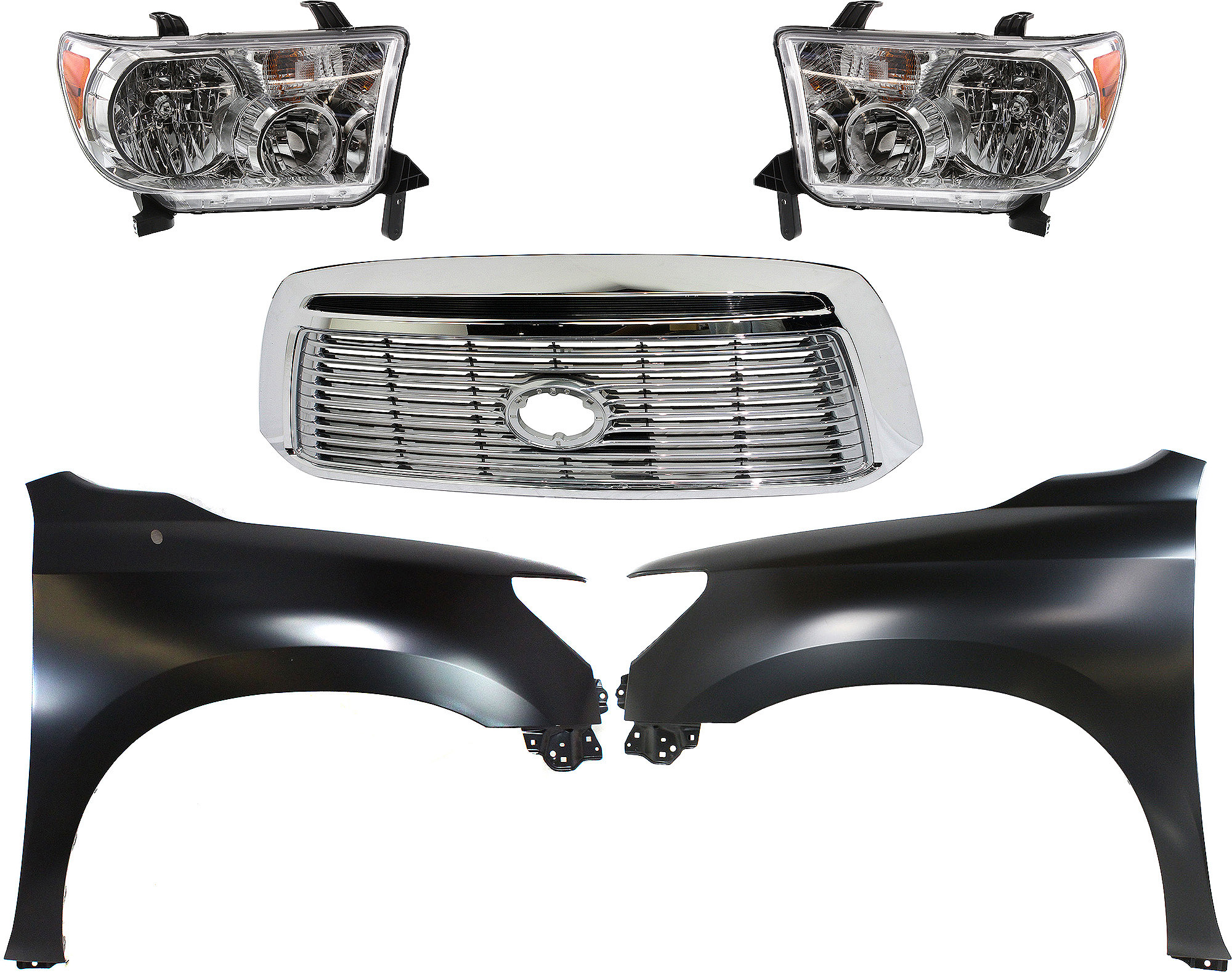 AM TUNDRA 10-13 GRILLE Chrome Shell with Satin Nickel Insert 5 pc Kit with Fenders and Headlights SKU KIT 031323-411 Partslink TO1200338 TO1240217 TO1241217 TO2502171 TO2503171 OEM 531000C250-538020C170-538010C1