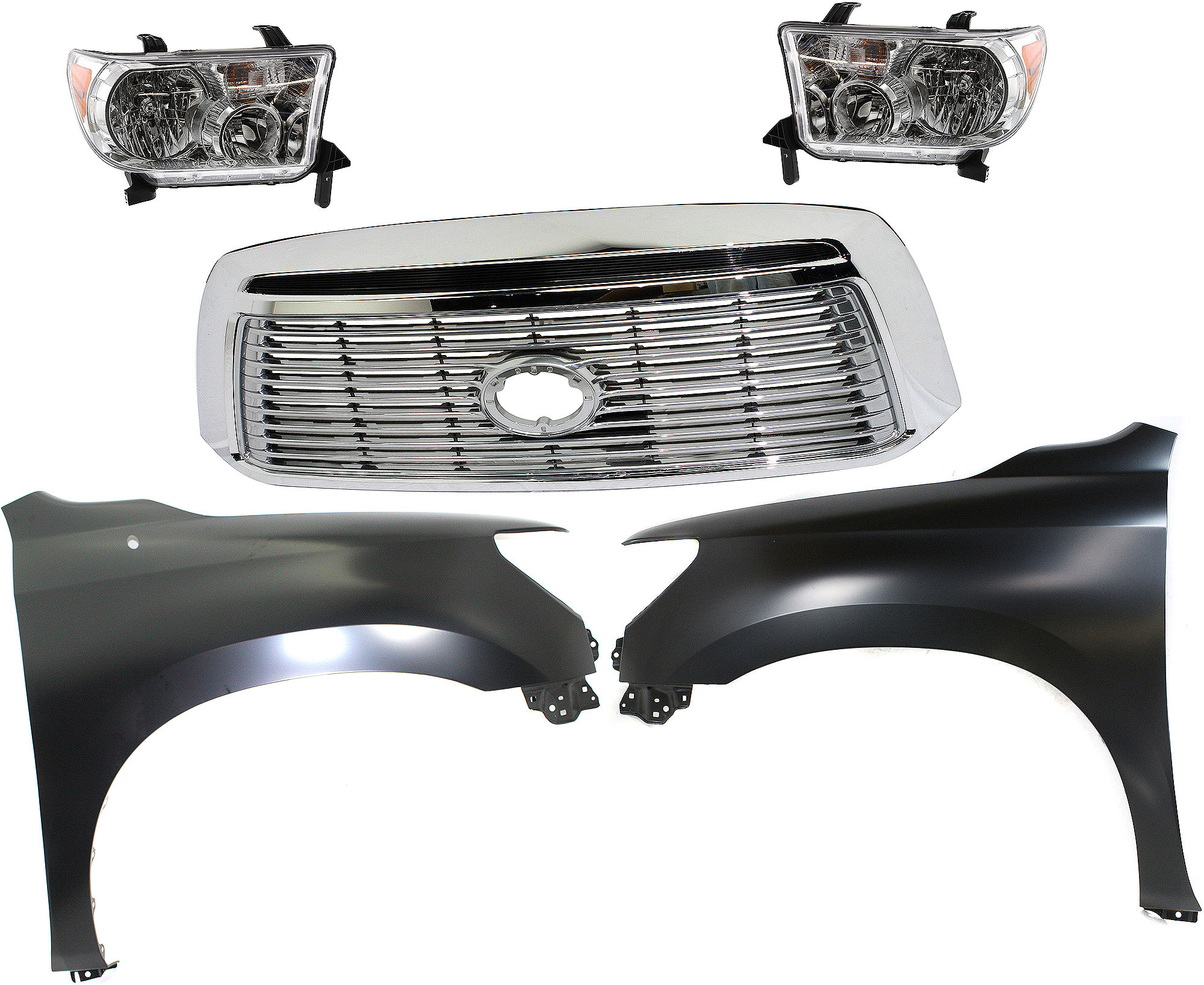 AM TUNDRA 10-13 GRILLE Chrome Shell with Satin Nickel Insert 5 pc Kit with Fenders and Headlights SKU KIT 031323-414 Partslink TO1200338 TO1240217C TO1241217C TO2502171C TO2503171C OEM 531000C250-538010C190-538020C1