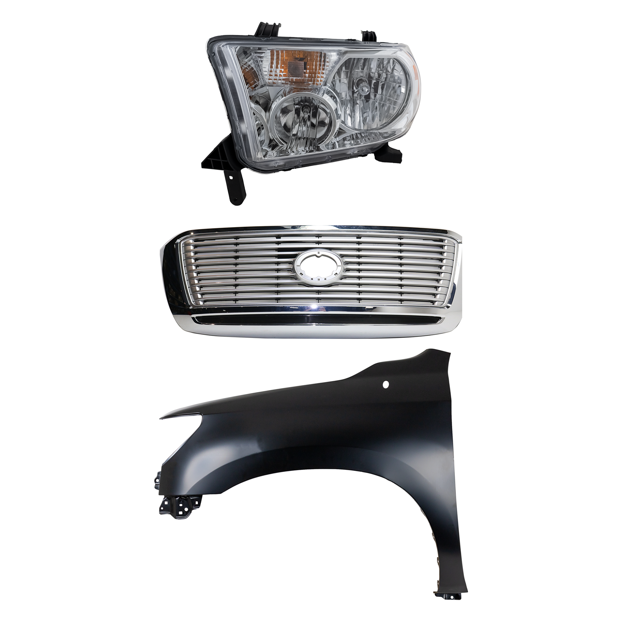 AM TUNDRA 12-13 GRILLE Center Silver Shell with Gray Insert 3 pc Kit with Fender and Headlight SKU KIT 031323-41602 Partslink TO1200364 TO1240217 TO2502171 OEM 531000C270-538020C170-811500C0