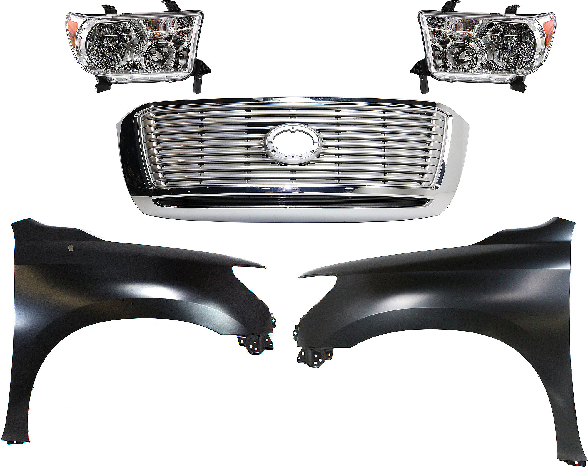 AM TUNDRA 12-13 GRILLE Center Silver Shell with Gray Insert 5 pc Kit with Fenders and Headlights SKU KIT 031323-416 Partslink TO1200364 TO1240217 TO1241217 TO2502171 TO2503171 OEM 531000C270-538020C170-538010C1
