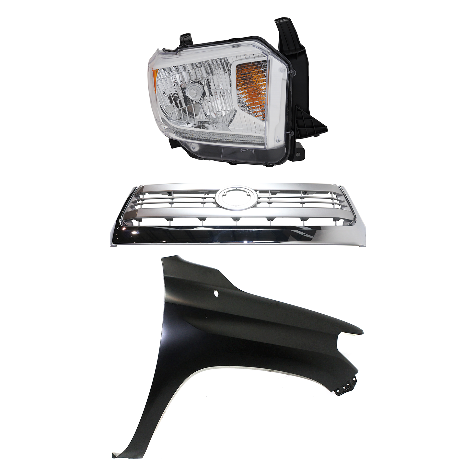 AM TUNDRA 14-15 GRILLE Painted Silver Shell with Gray Insert 3 pc Kit with Fender and Headlight SKU KIT 031323-42101 Partslink TO1200376 TO1241249 TO2503220 OEM 531000C330-538110C060-811100C1