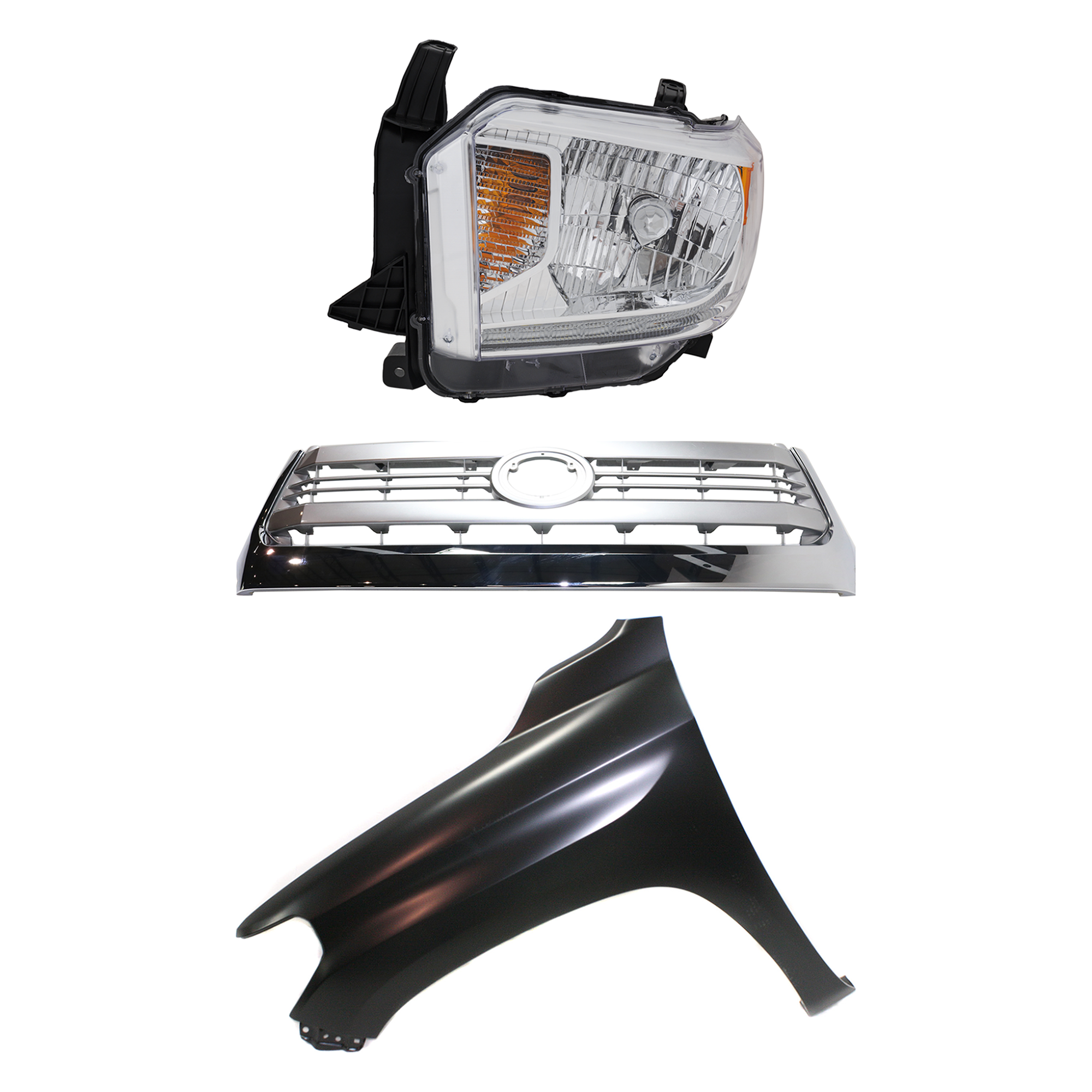 AM TUNDRA 14-15 GRILLE Painted Silver Shell with Gray Insert 3 pc Kit with Fender and Headlight SKU KIT 031323-42102 Partslink TO1200376 TO1240249 TO2502220 OEM 531000C330-538120C050-811500C1
